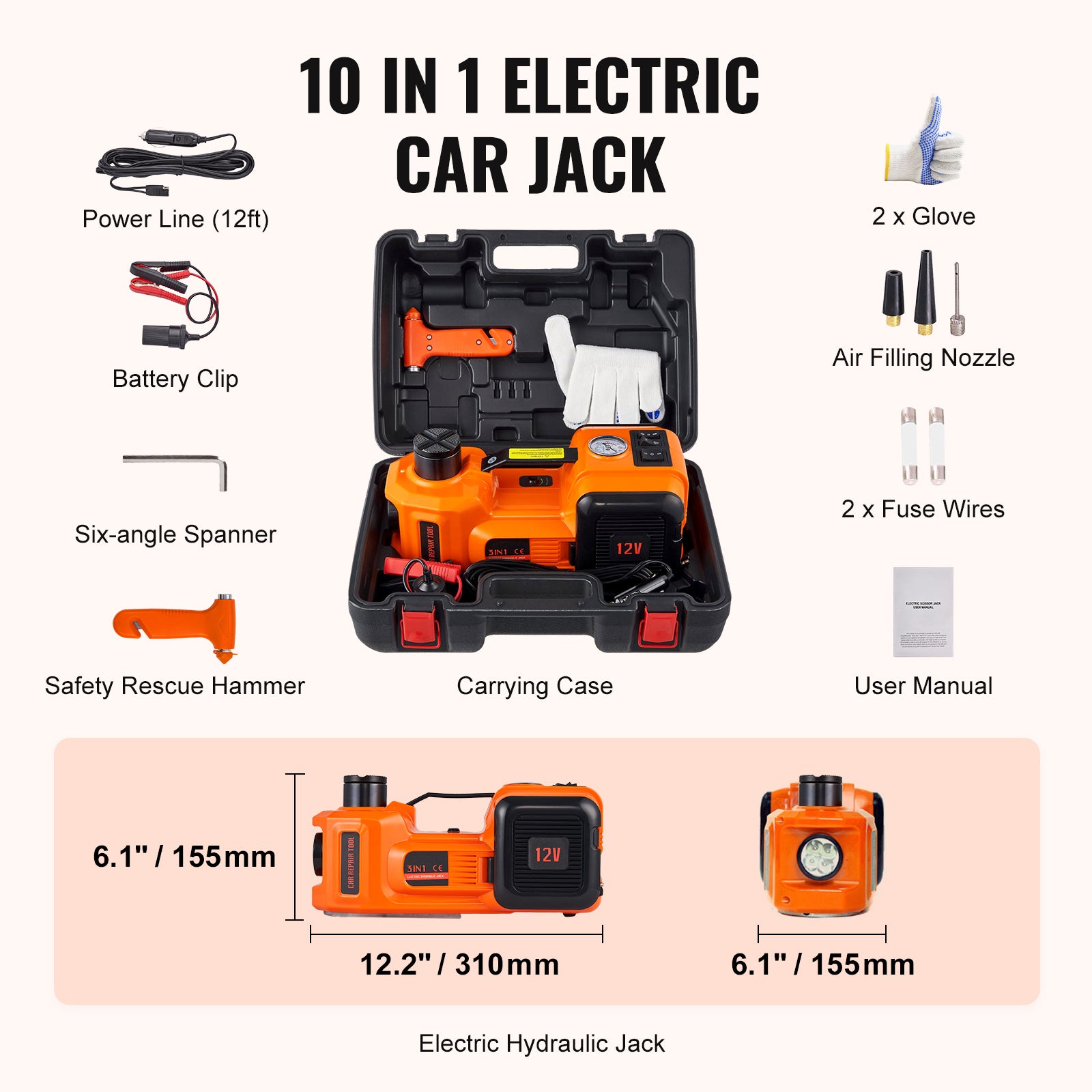 Macaco Elétrico SucceBuy Carro 5 T / 11.023 lb, Hidráulico com Inflador e Luz LED para Troca de Pneus e Reparos de Garagem - 9