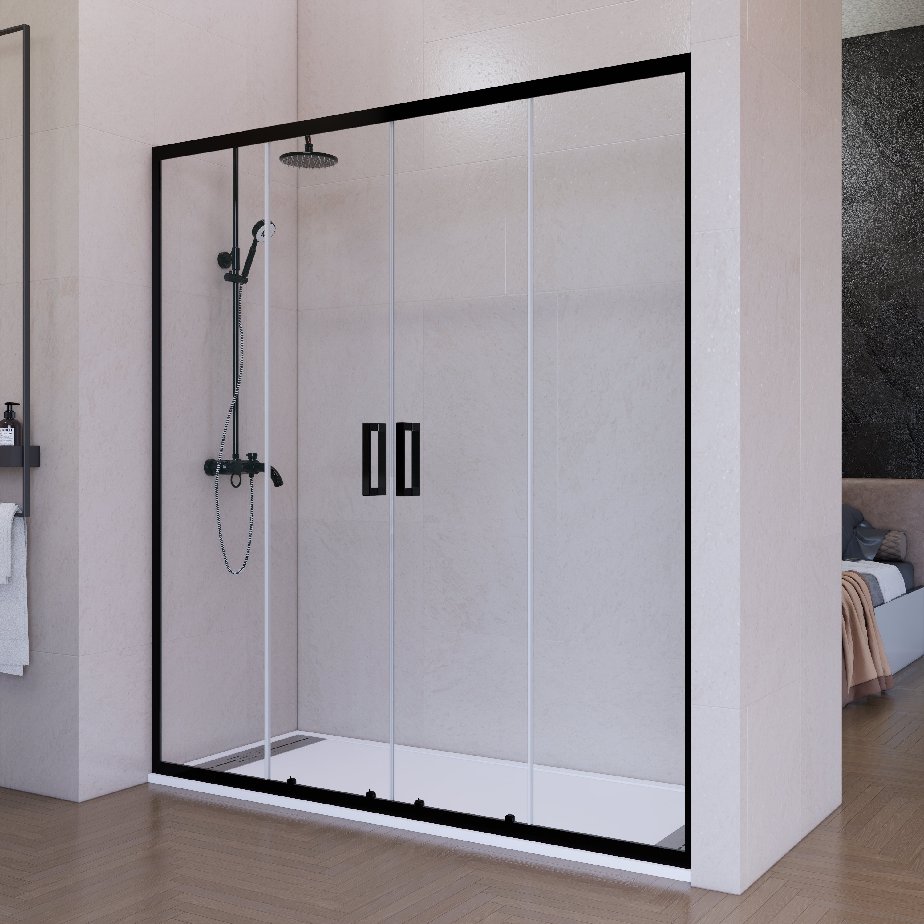 Mampara de ducha frontal corredera 195 cm 2 puertas + 2 fijos negro mate cristal transparente 6 mm perfil inferior 195 cm altura