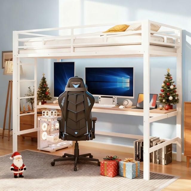 Lit mezzanine 90x200 cm rampe escabeau table avec USB et prise bande lumineuse éclairage d'ambiance compatible métal blanc