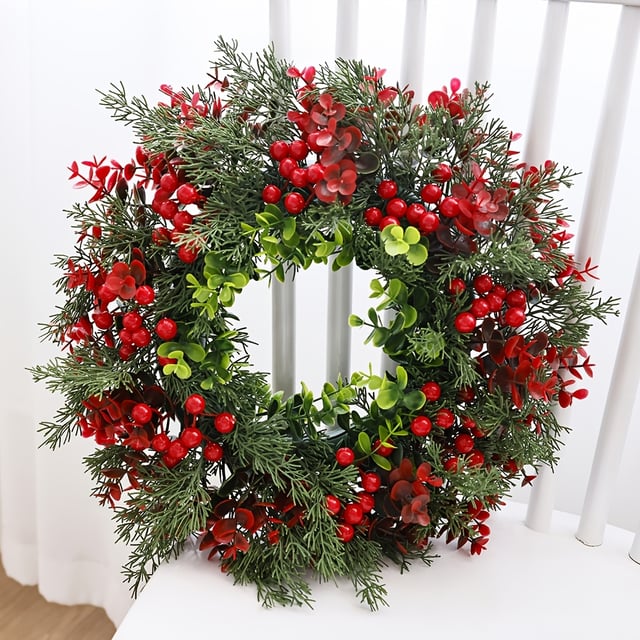 Couronne de Noël de 45 cm avec baies rouges, décoration de porte réaliste en plastique, décoration de porte d'entrée, couronnes de Noël