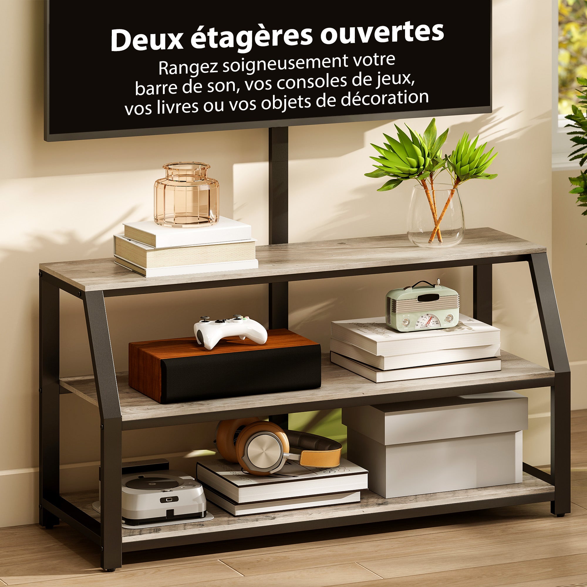 Meuble tv avec support pour téléviseurs jusqu'à 72 pouces meuble télé avec 2 étagères ouvertes gris 110x43x150cm finition de qualité - 7