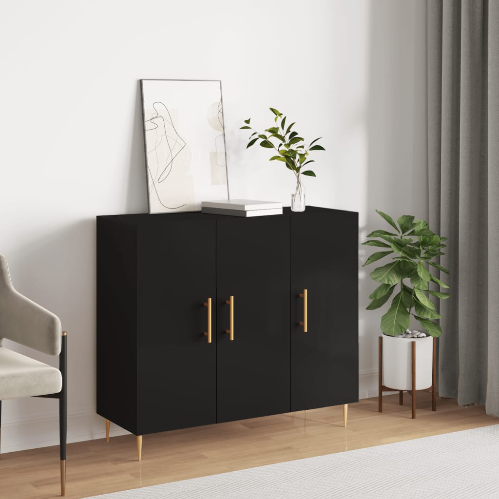 Buffet Noir 90x34x80 Cm En Bois D'Ingénierie - Meuble De Rangement Salon