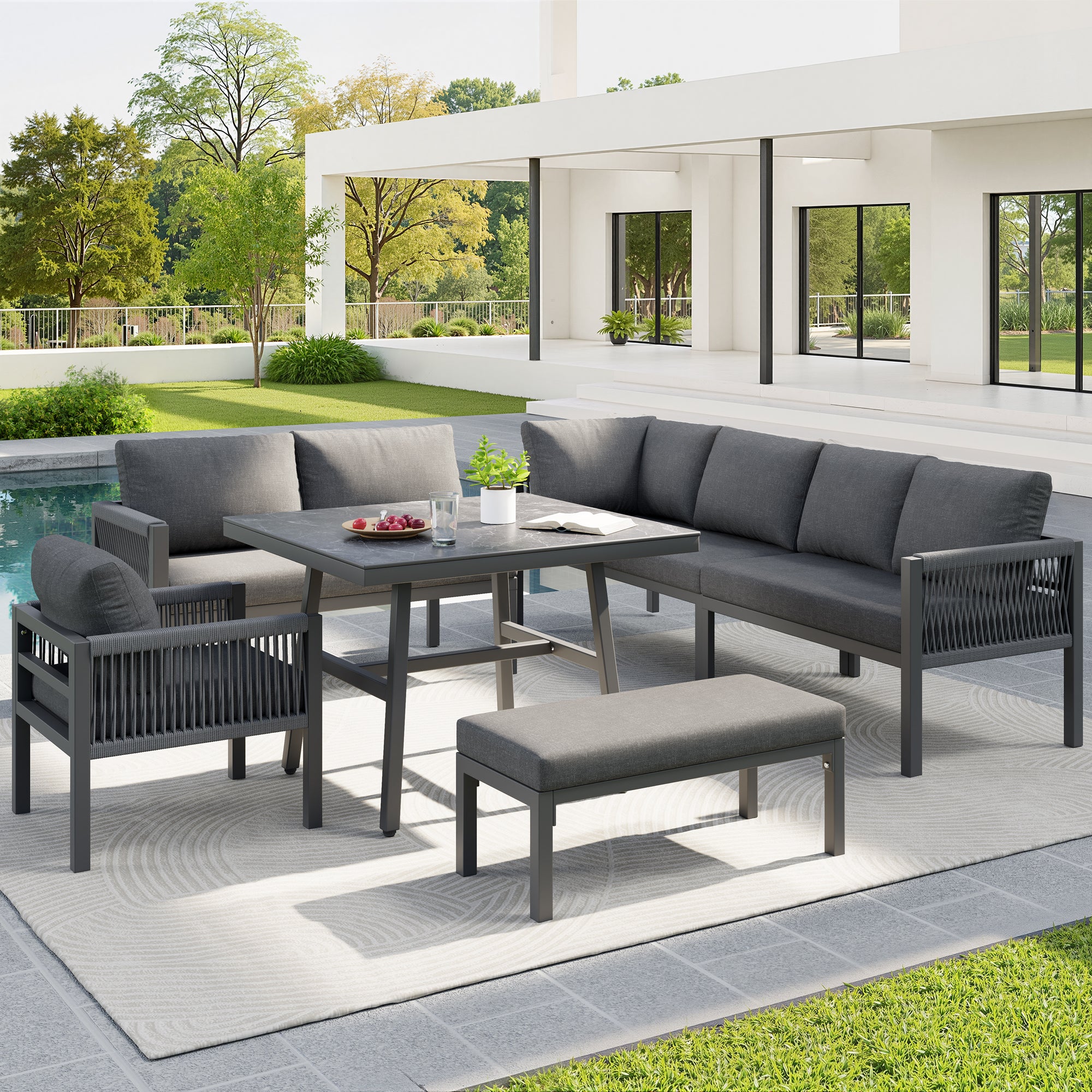 Sofa ogrodowa w kształcie litery L, do 8 osób, rama żelazna z powłoką, odporna na warunki atmosferyczne, szara - 3