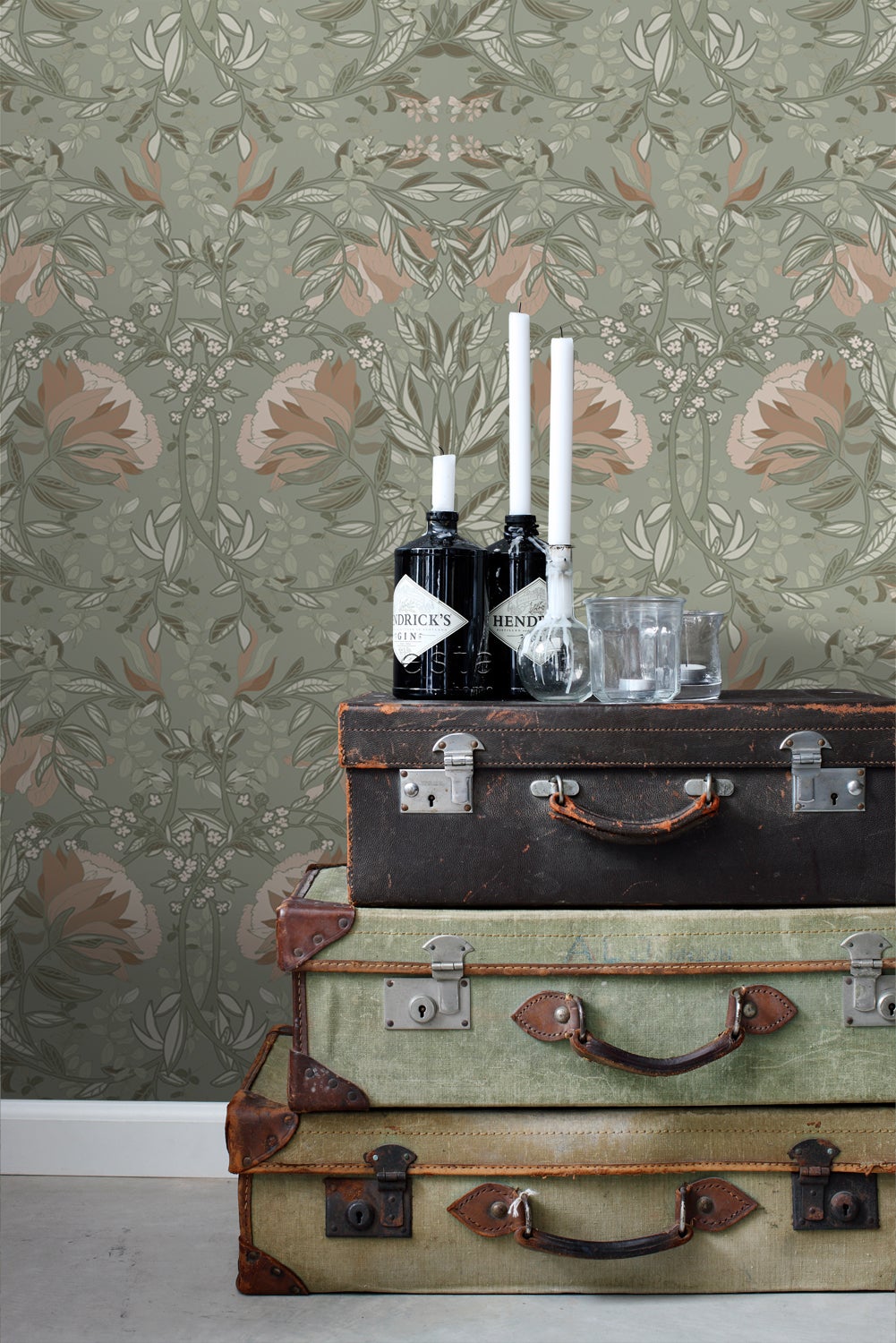 Papier peint fleurs vintage de style art nouveau vert grisé et vieux rose - 53 cm x 10.05 m - ESTAhome - 3