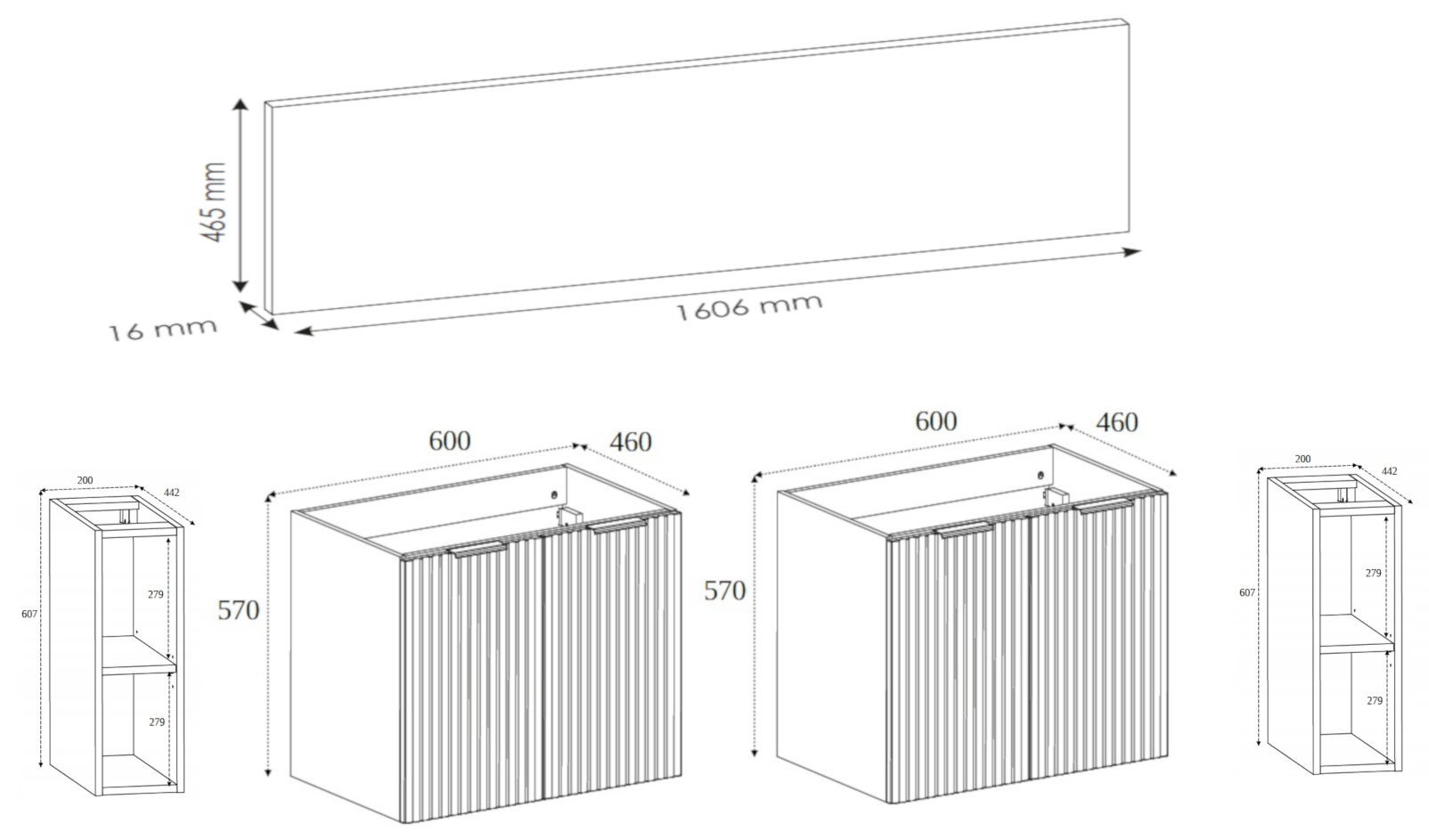 Meuble sous vasque à 4 portes FLOW CHÊNE 160 cm avec 2 x l'étagères - extensions et plan - 3