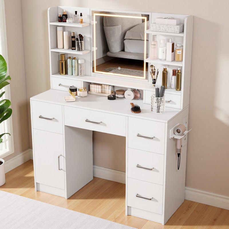 Coiffeuse avec Miroir LED, 3 Couleurs, Meuble de rangement, Coiffeuse de chambre, 7 tiroirs 1 porte, Style Moderne, 110x40x140 cm, 7 Étagères, Blanc - 3