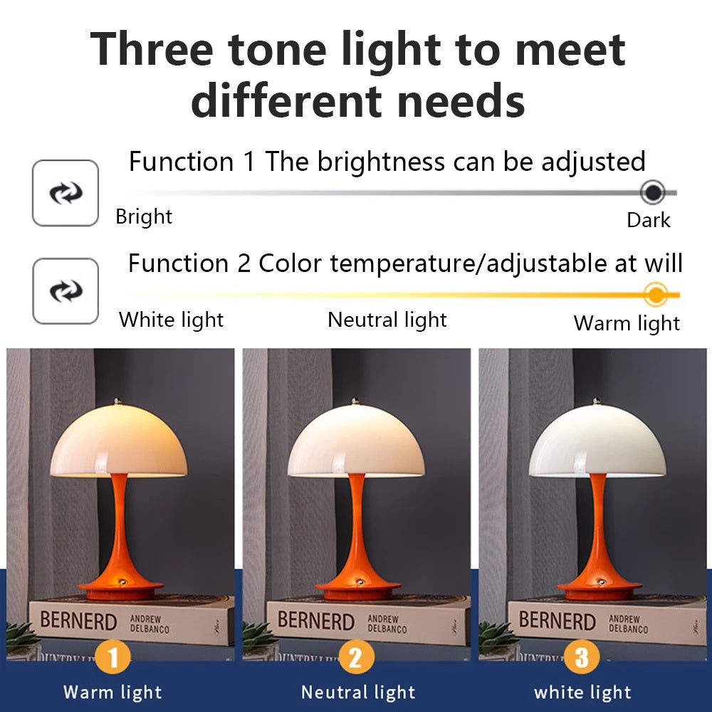 Lampe de chevet rétro, lampe de bureau LED rechargeable en forme de champignon à intensité variable à 3 niveaux, veilleuse à commande tactile, orange - 6