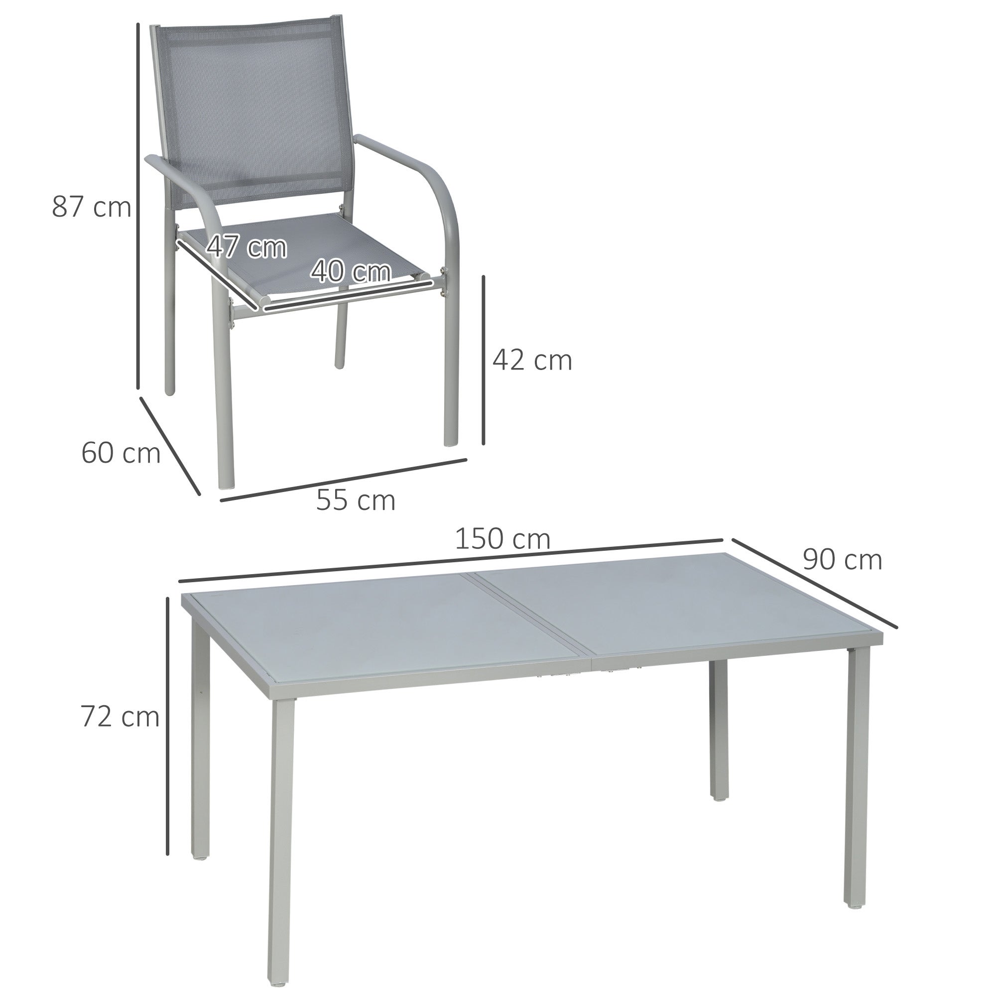 Outsunny Set da Giardino con Tavolo in Vetro Temperato e 6 Sedie con Tessuto a rete, Grigio - 3