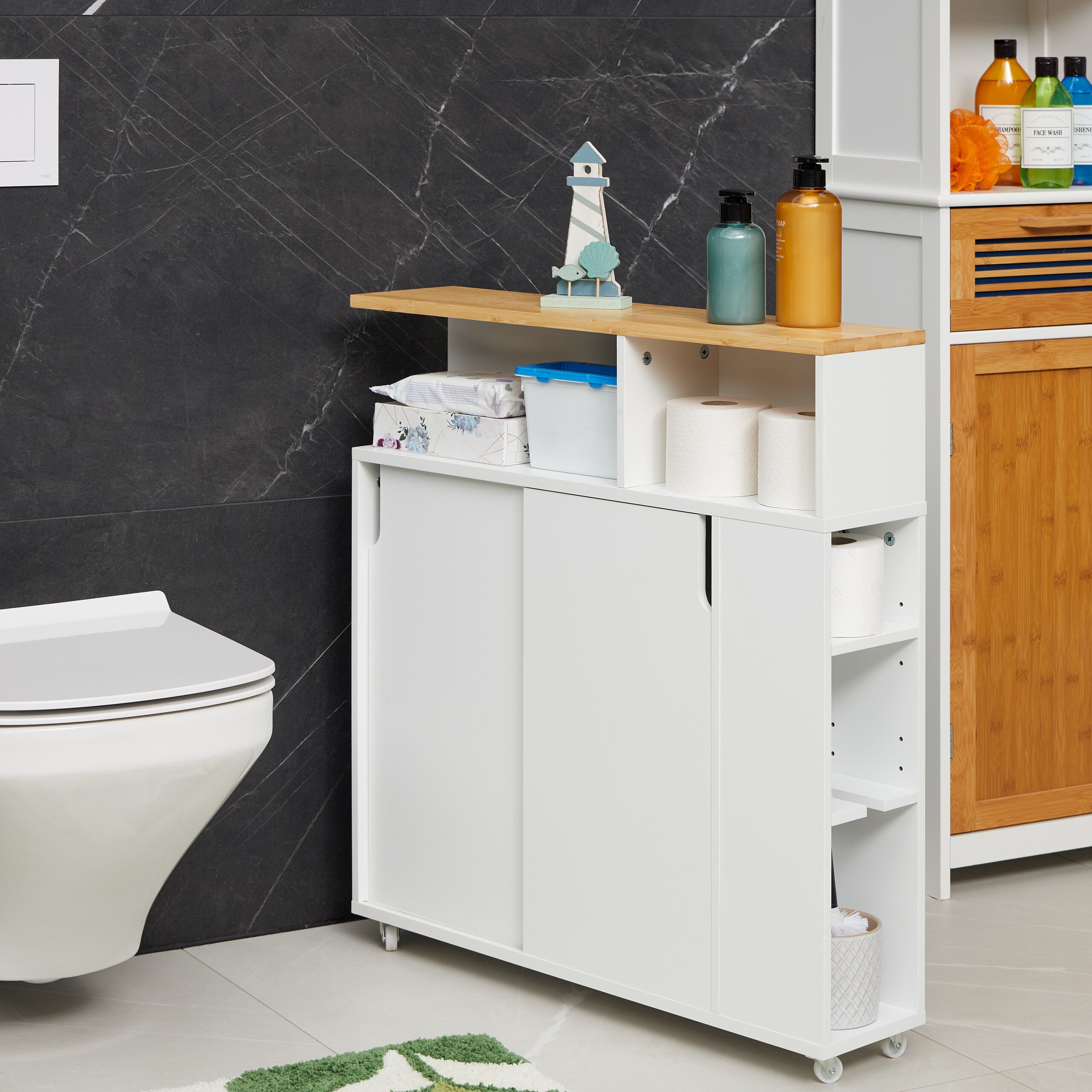 Carrito Auxiliar Estrecho, 6 Compartimentos, Portaescobillas, 79x17x75 cm, Baño, MDF, Bambú, Blanco/Natural, Relaxdays - 3