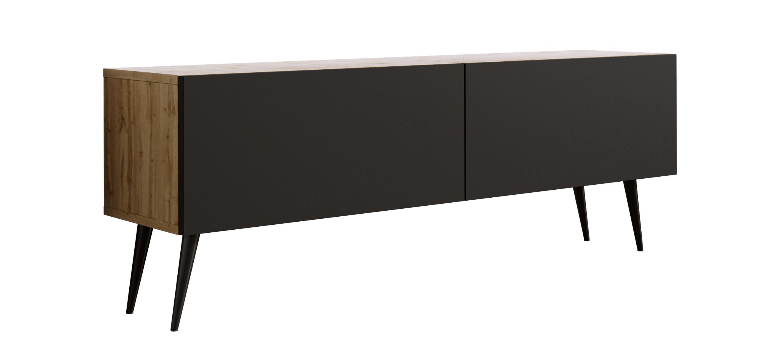 Szafka RTV : Dąb Wotan / Czarny Matowy, czarne nogi, 140 x 32 x 52 cm