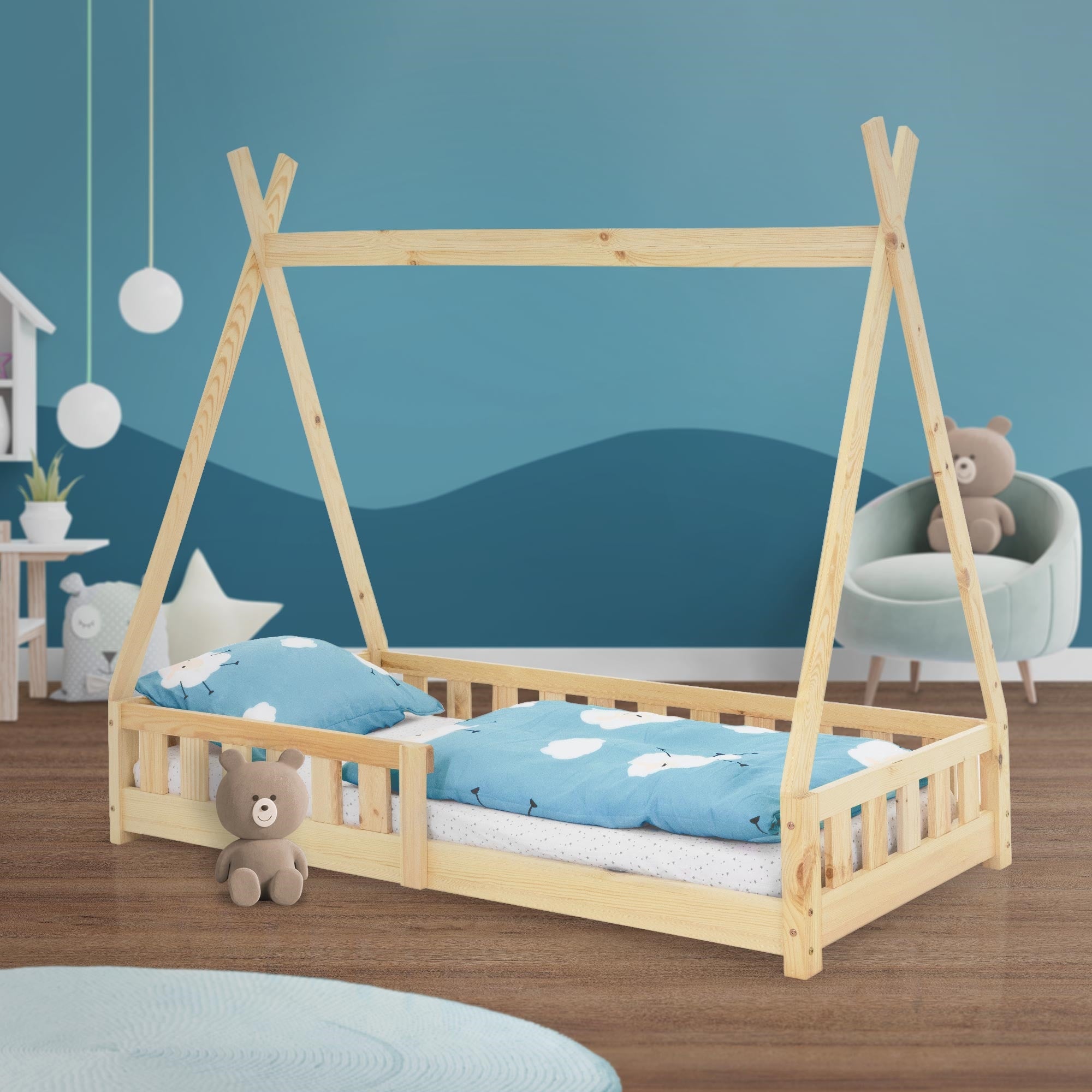 Letto tepee per bambini 80x 160 cm con sponde, rete a doghe, lettino tenda indiana da gioco in legno di pino massiccio naturale per cameretta bimbi - 6