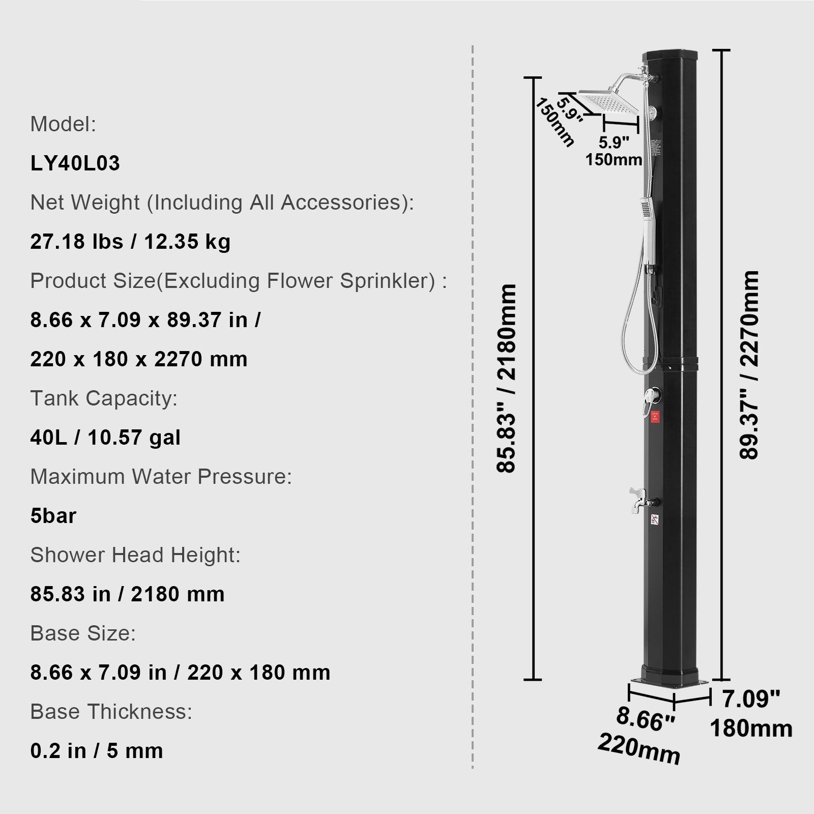 Kit de douche solaire chauffante SucceBuy 40 L, avec 2 pommeaux et robinet de pied, modes portable/suspendu, montage rapide pour jardin et piscine - 9