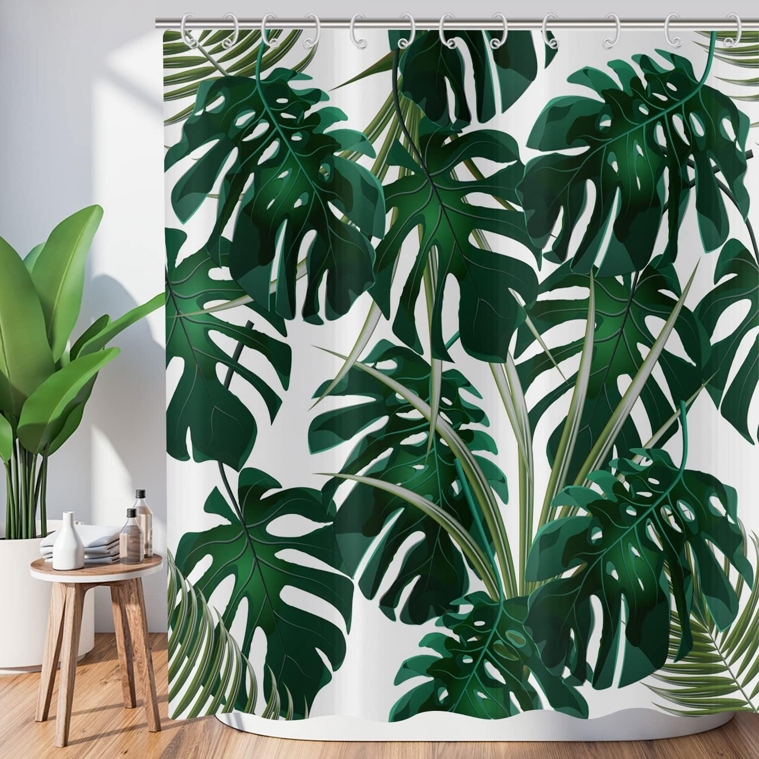 Hnmdmyi Tenda da doccia foglie tropicali 180x180, verde foglie di palma tende da doccia giungla pianta botanica tenda da bagno impermeabile poliestere tessuto lavabile tenda da bagno con ganci
