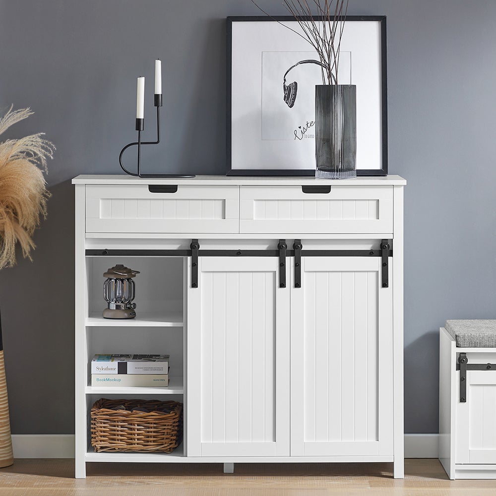 SoBuy FSB74-W Armoire de Rangement avec 2 Portes de Grange Coulissantes 2 Tiroirs 104x35x93cm Blanc - 9