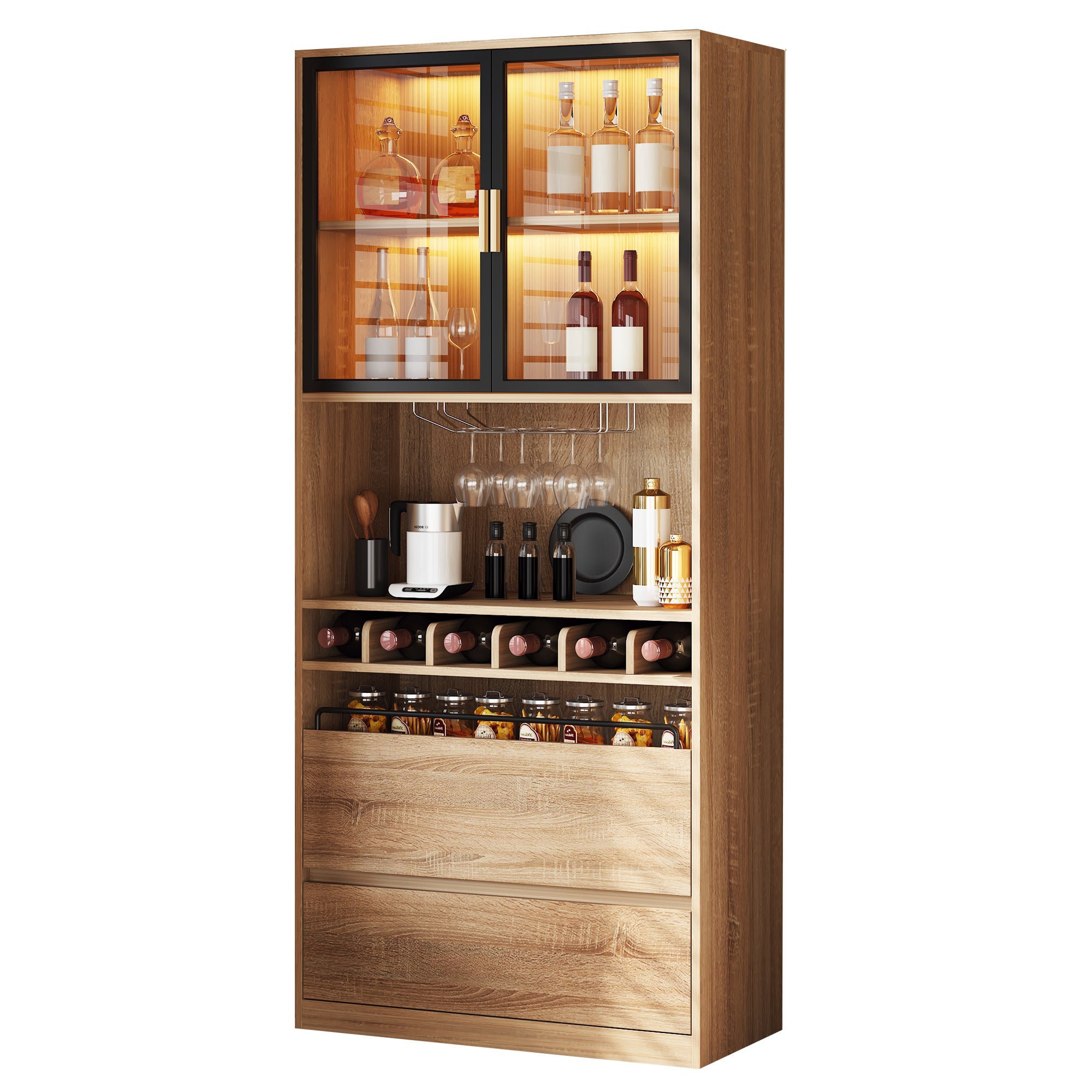 Vitrine avec 2 portes en verre et 2 tiroirs - 80 x 40 x 180 cm - LEDs - Bois MDF - Naturel - 4