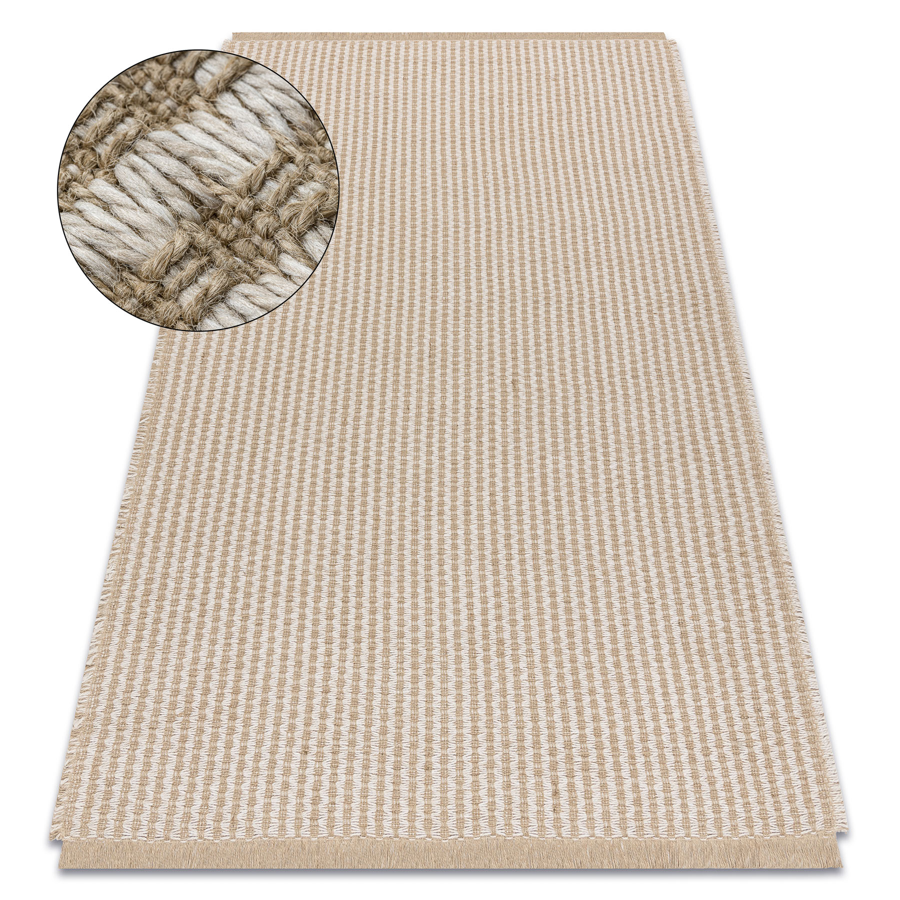 Alfombra jute 3650 crema / beige líneas - yute, tejido plano, flecos 60x100 cm