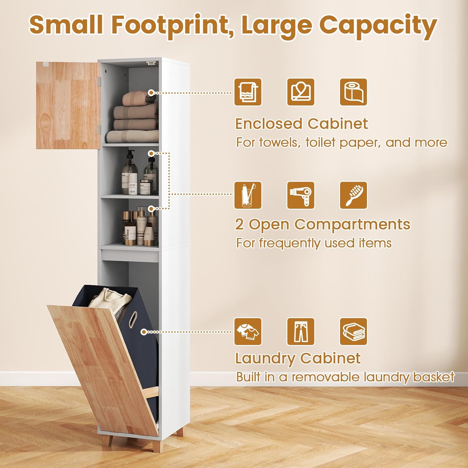 Armadietto da bagno, autoportante, con cesto portabiancheria e scomparti aperti, sottile per bagno, soggiorno e balcone, 32 x 31 x 170,5 cm - 6