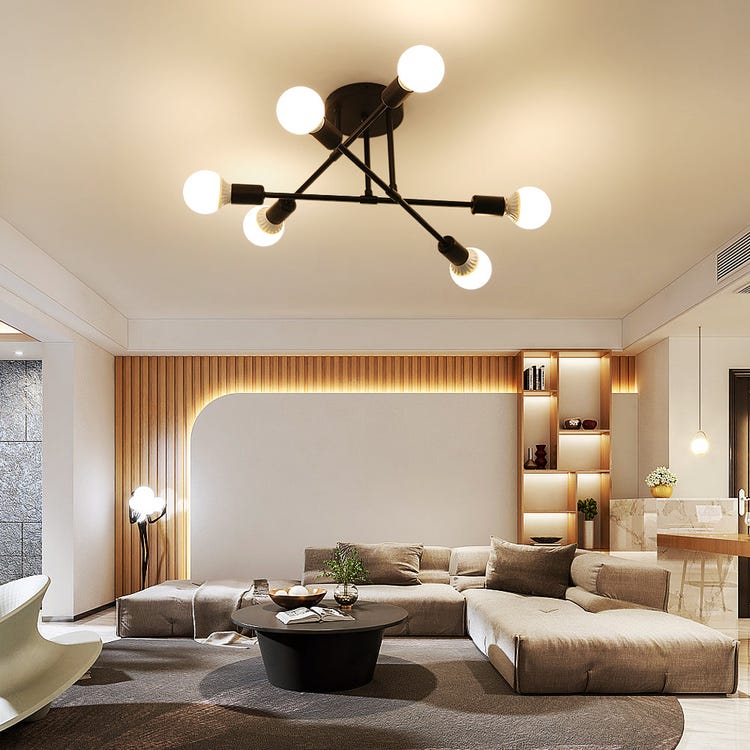 Plafonnier LED Moderne, Rétro Lustre Lampe Suspension Vintage 6 Lumières E27 Base, Lustre Luminaire en Métal Lampe pour Salon Chambre Cuisine - 2