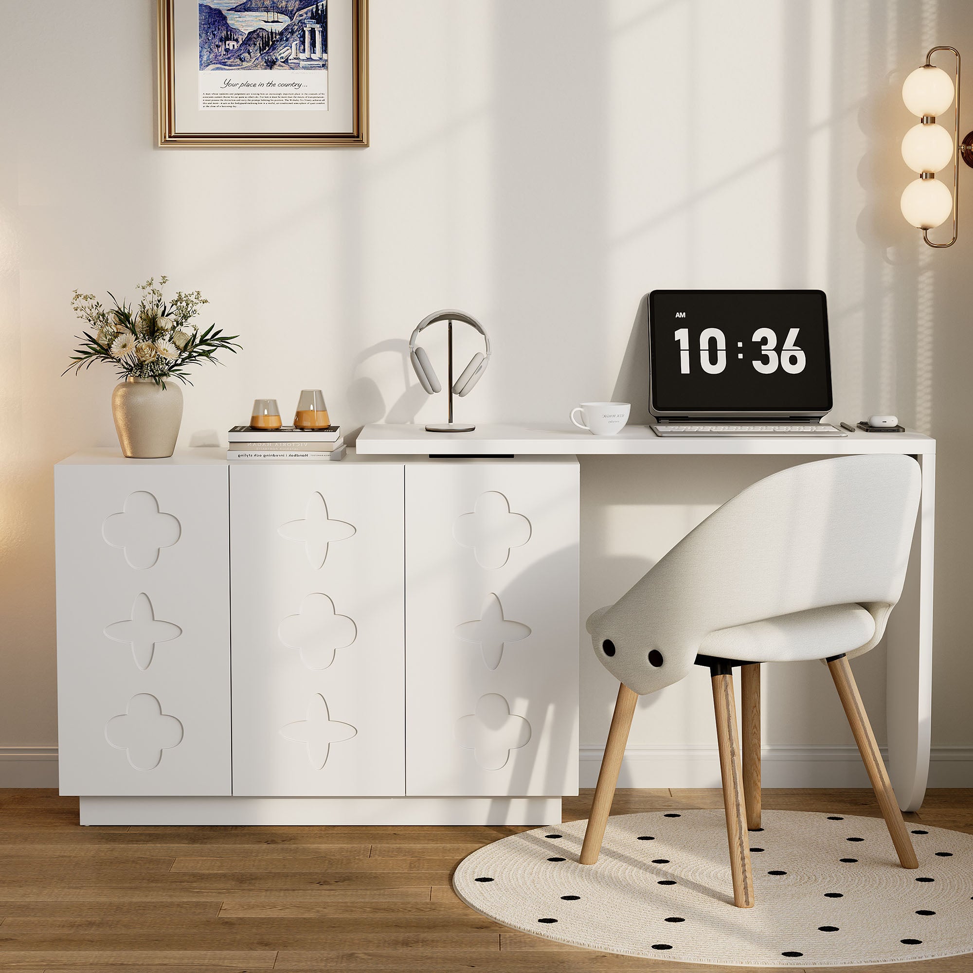Bureau d'angle en L blanc avec rangement intégré, plateau pivotant à ...