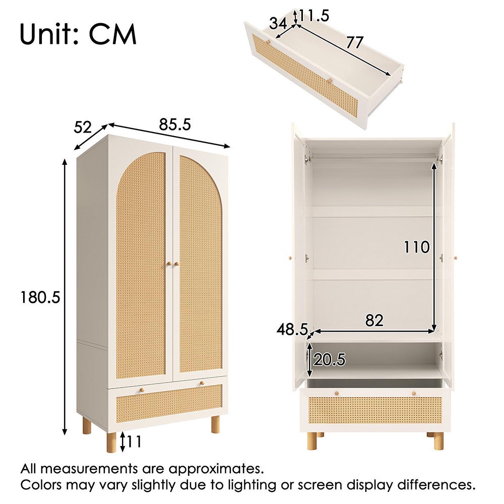 Armoire penderie à 2 portes et rotin blanc avec grand tiroir étagères réglables en hauteur - 7