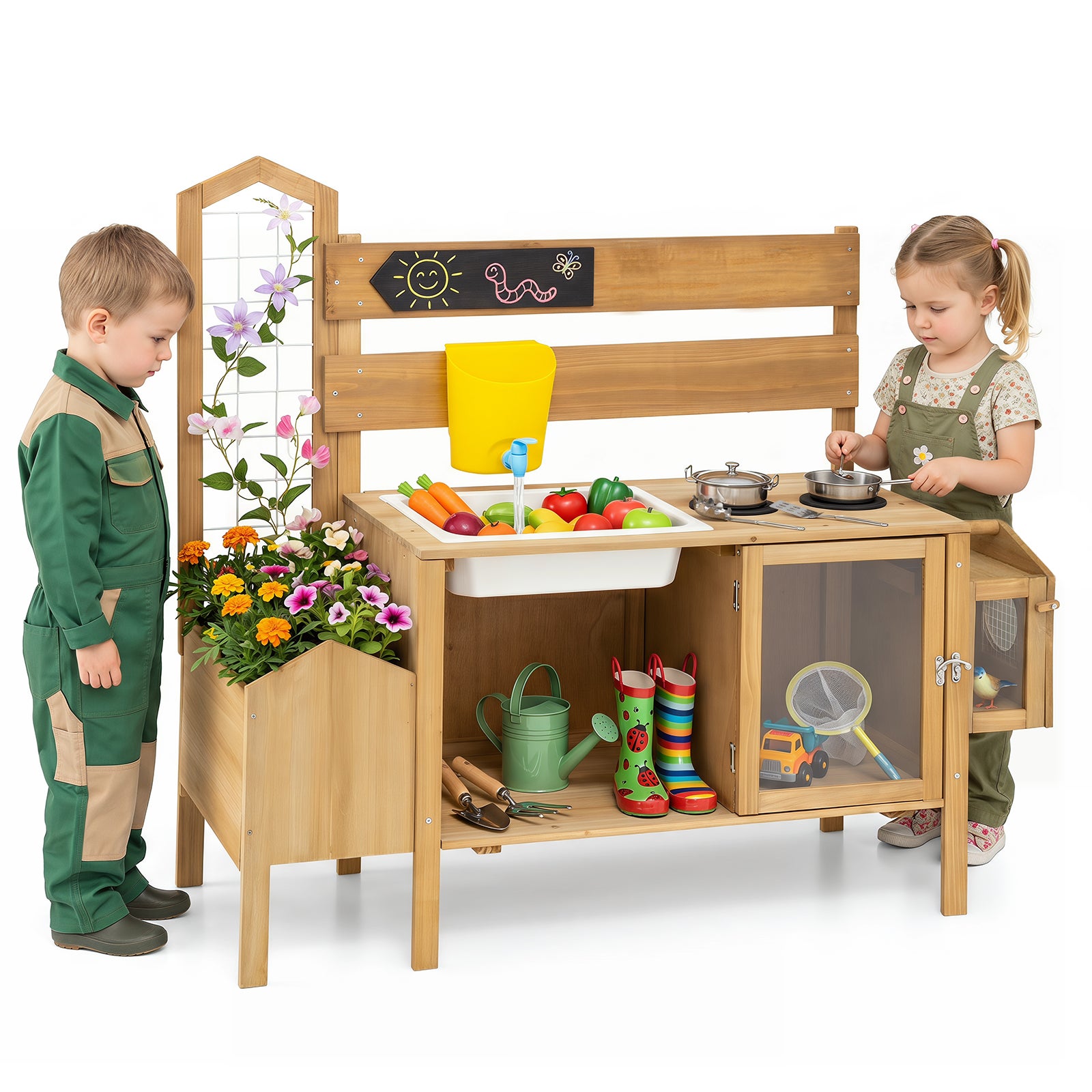 Bucătărie din lemn pentru copii, set de joacă de imitare a bucătăriei cu jardiniere și spalier, colivie detașabilă, chiuvetă și robinet, 3+ ani