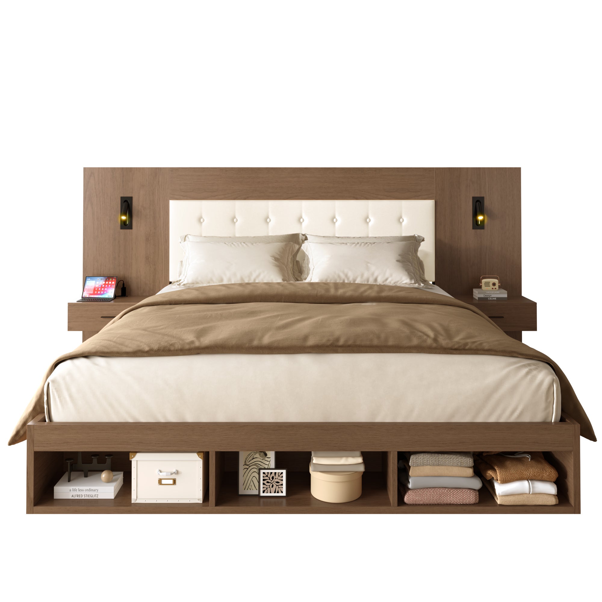 Lit Double 180x200 avec USB et lampe de lecture, Lit Coffre avec 2 tables de chevet, Cadre de lit en Bois Noyer(Sans Matelas) - 8