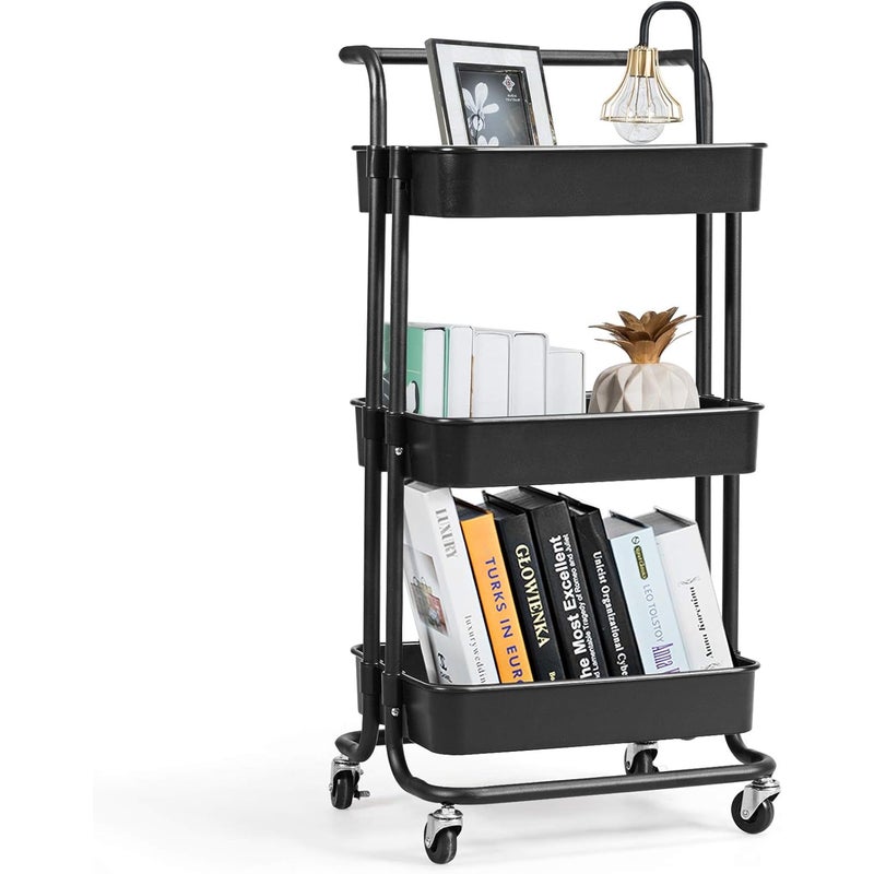 Wózek do Przechowywania z 3 Koszami Ciseles, Wyposażony w 4 Uniwersalne Kółka, 2 z Hamulcem, Nośność 20 kg, Kuchnia, Wymiary 42 x 35 x 87 cm (Czarny)