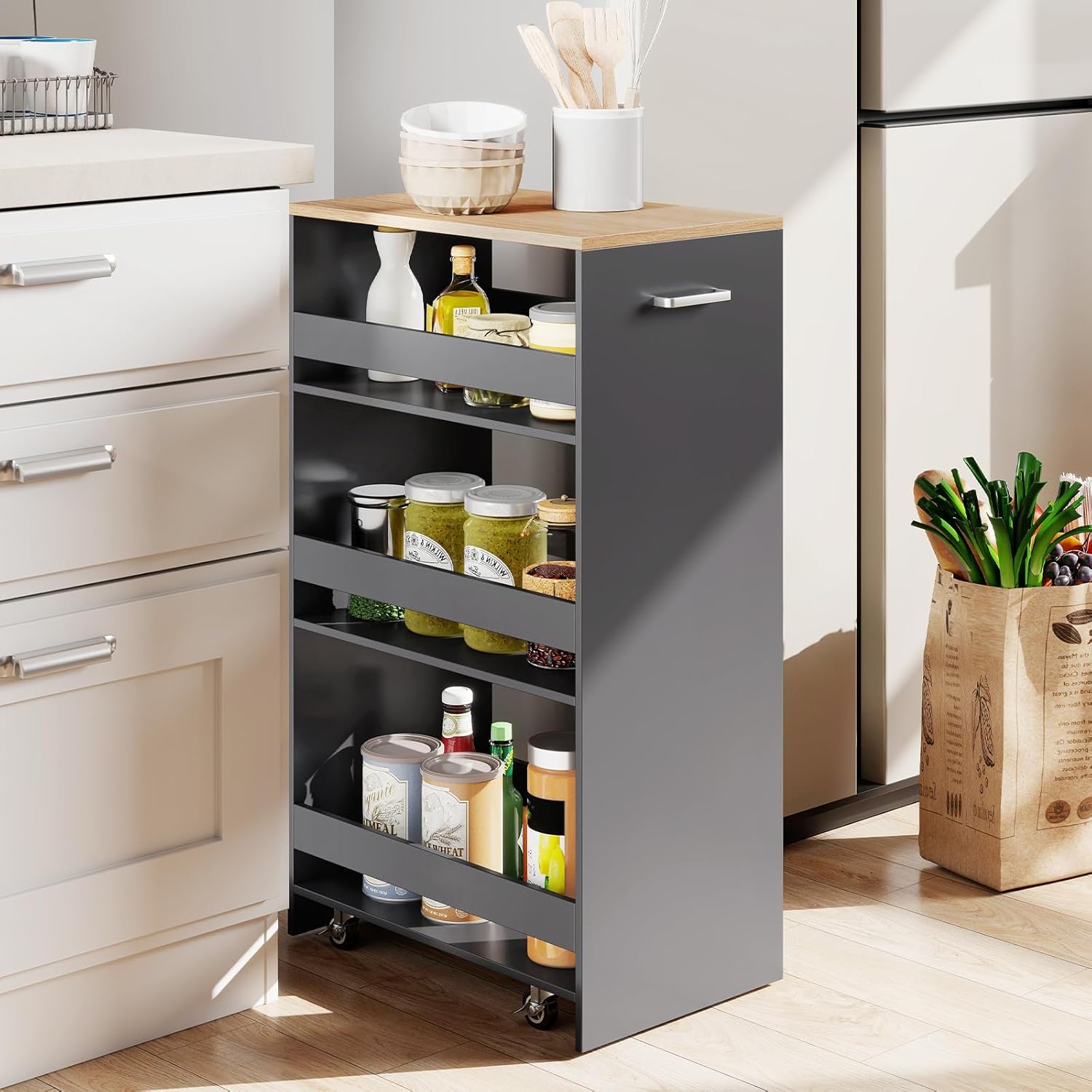 Chariot de Rangement Largeur 30 cm à roulettes, Desserte de Cuisine à 4 Niveaux, Poignée Latérale et Roues Universelles avec Freins (Gris + Naturel) - 2