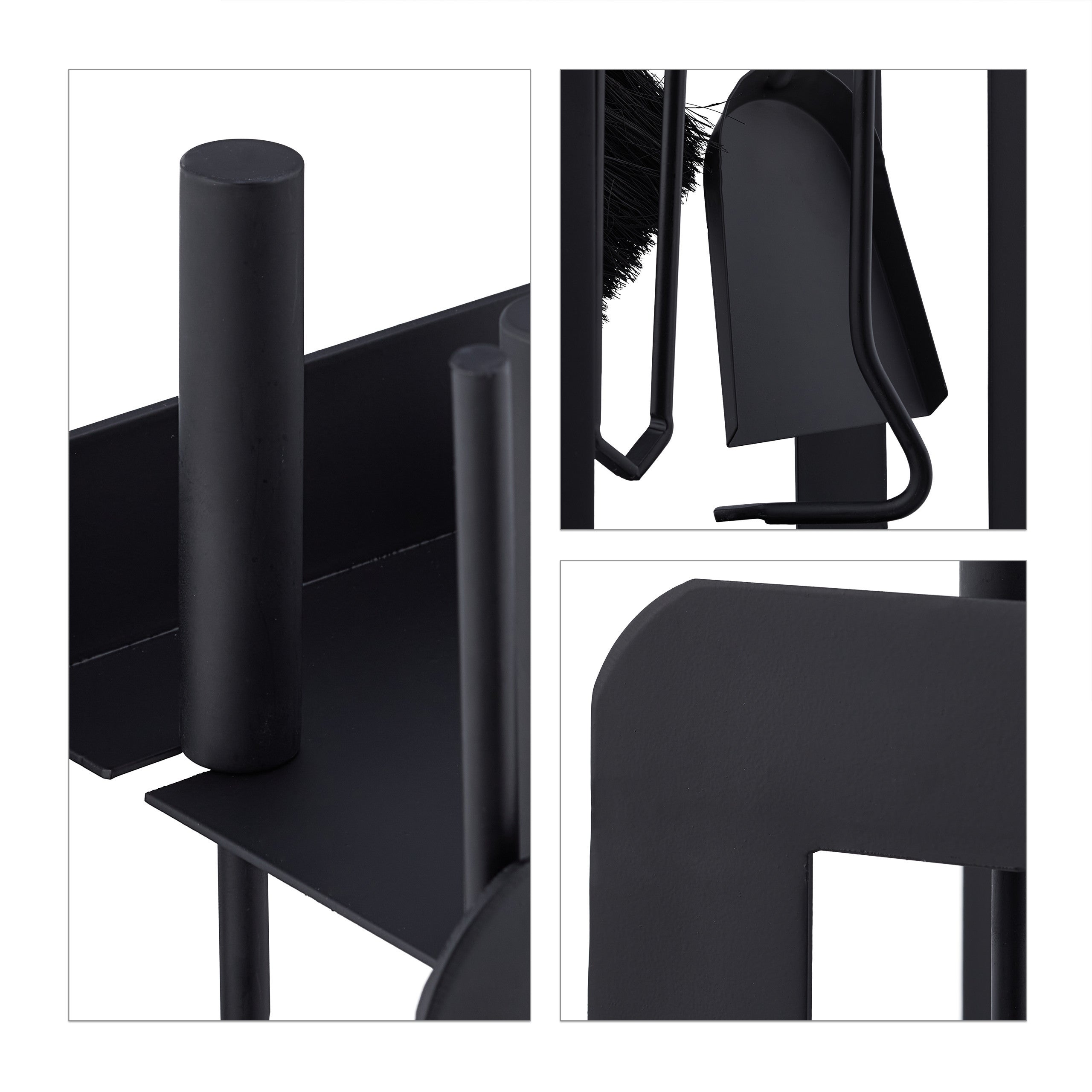 Serviteur de cheminée, moderne, 5 pièces : tisonnier, pelle à cendres, balai, pince et support, noir, Relaxdays - 8