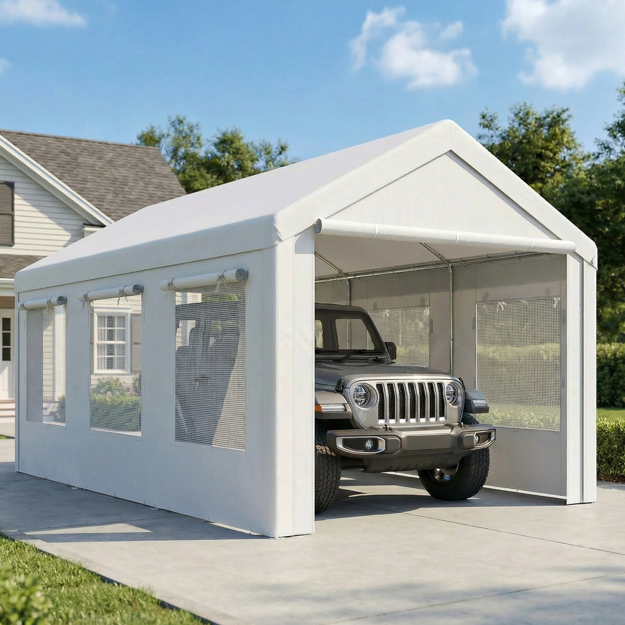 Abri de voiture - Outsunny - protection UV30+ hauteur réglable 6 fenêtres et moustiquaire - acier galvanisé - 3x6m - blanc - 2