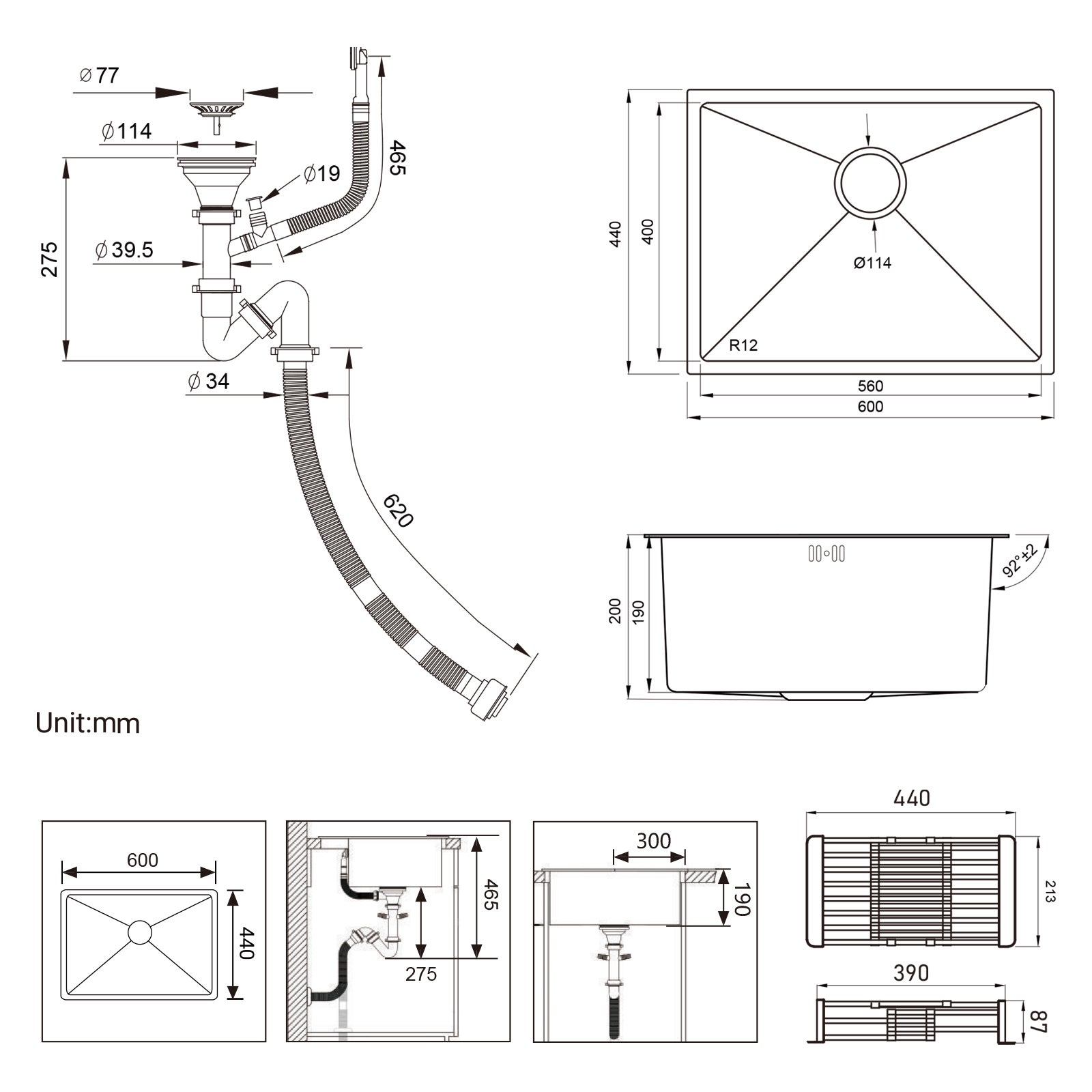 Auralum max Évier de Cuisine 1 Bac 60*44*20CM,Évier 1 Cuve en Acier inoxydable 304,Évier à Encastrer et sous-plan avec Panier de Drainage,Gris-Noir - 5
