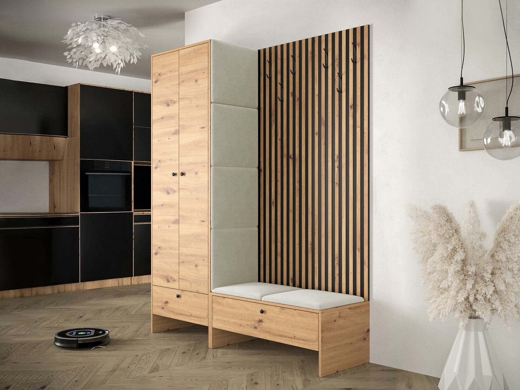 Meuble d'entrée Hartford 320, 206x145x44cm, Chêne Artisan, Noir, Tissu, Stratifié, À poser - 2