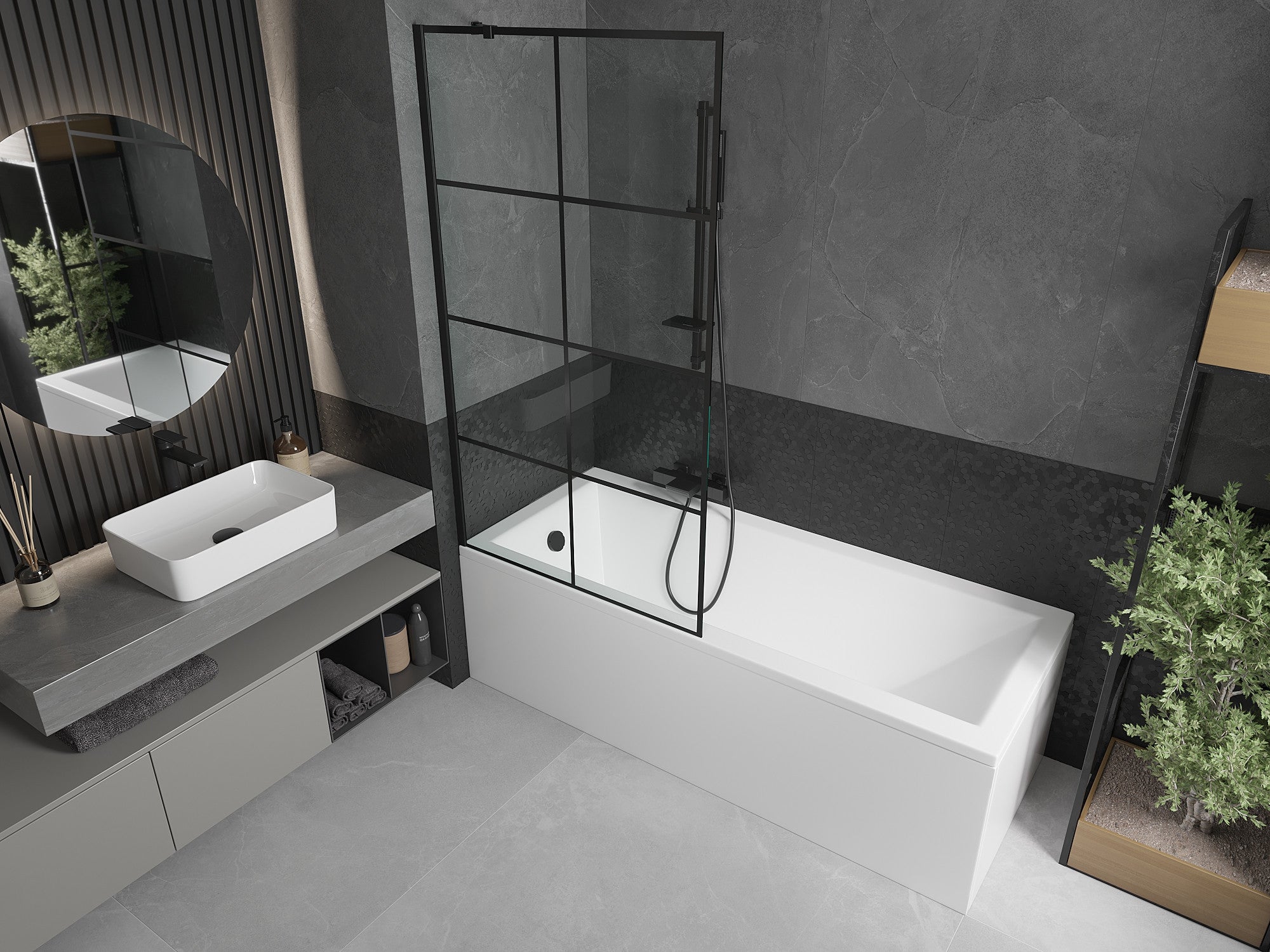 Mexen Cubik bañera rectangular 150 x 70 cm con panel lateral y mampara de 1 hoja 90 cm, diseño negro - 550315070X9509007077 - 2