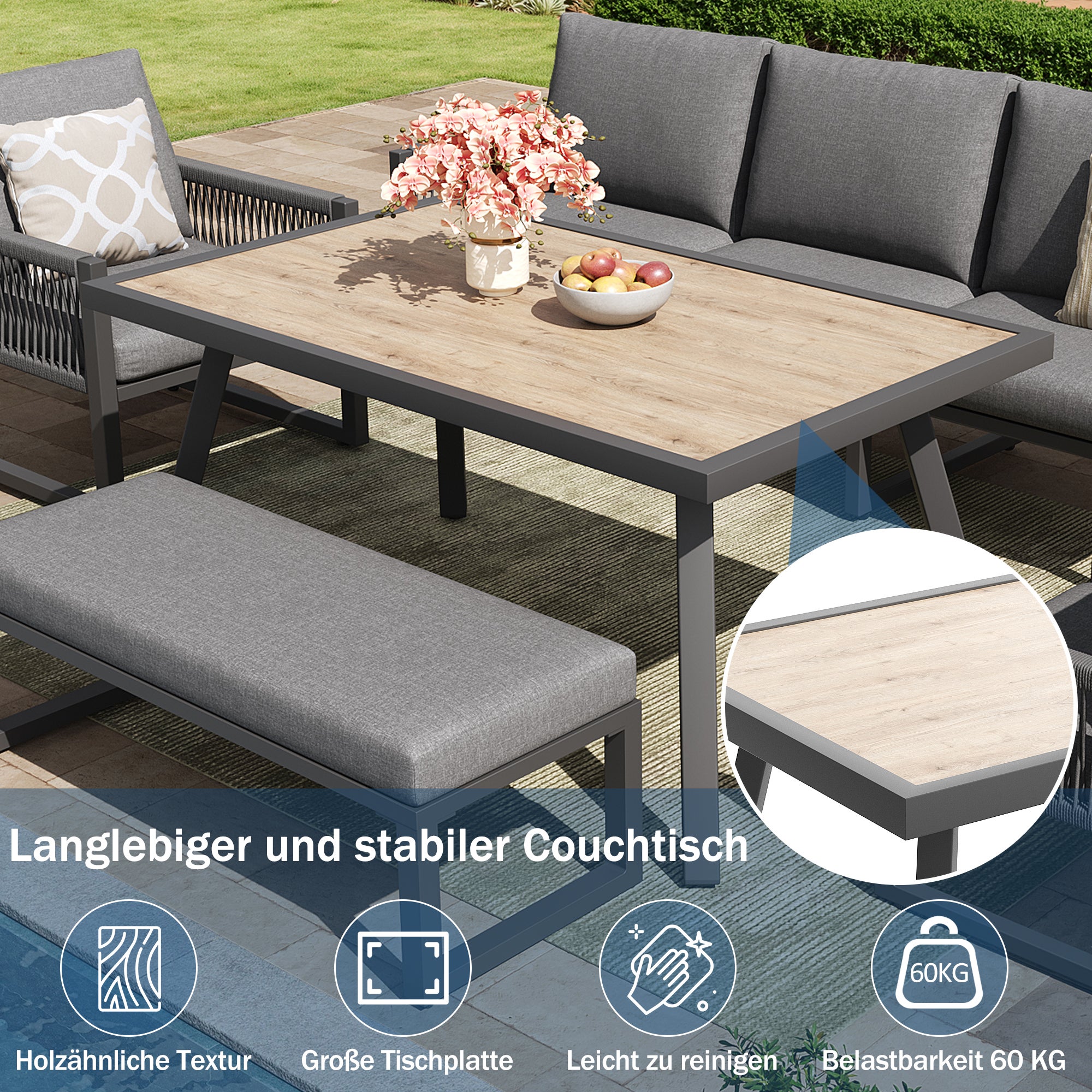 Salon de jardin en métal 6 places : 1 canapés 3 places + 2 fauteuils + 1 banc + table 100 x 60 x 71 cm - Gris - 8