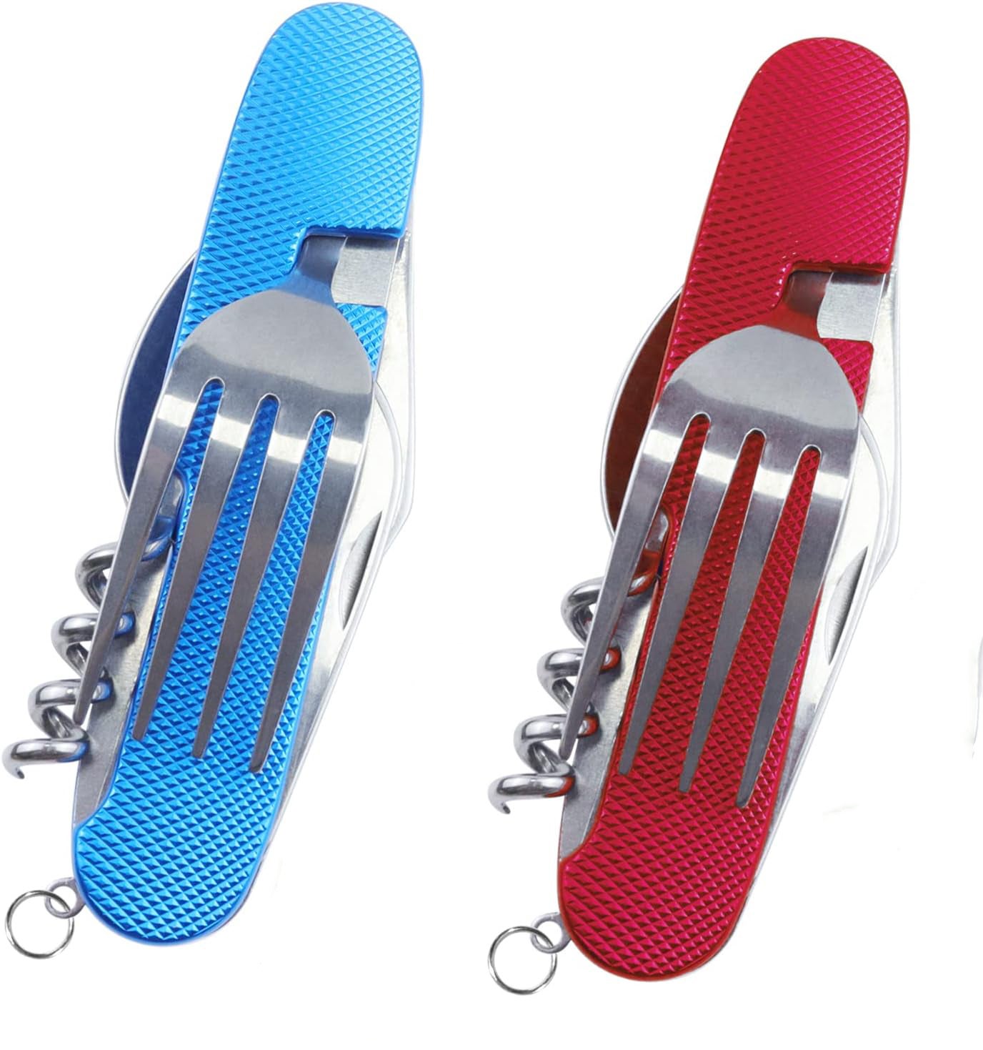 Zestaw 2 sztućców kempingowych – 6 w 1 składanych sztućców podróżnych (nóż, widelec, łyżka, korkociąg, wiertarka, nóż aluminiowy)