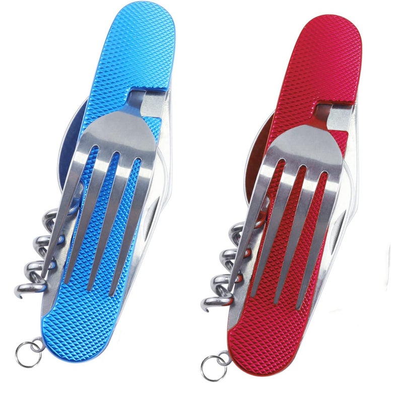 Zestaw 2 sztućców kempingowych – 6 w 1 składanych sztućców podróżnych (nóż, widelec, łyżka, korkociąg, wiertarka, nóż aluminiowy)