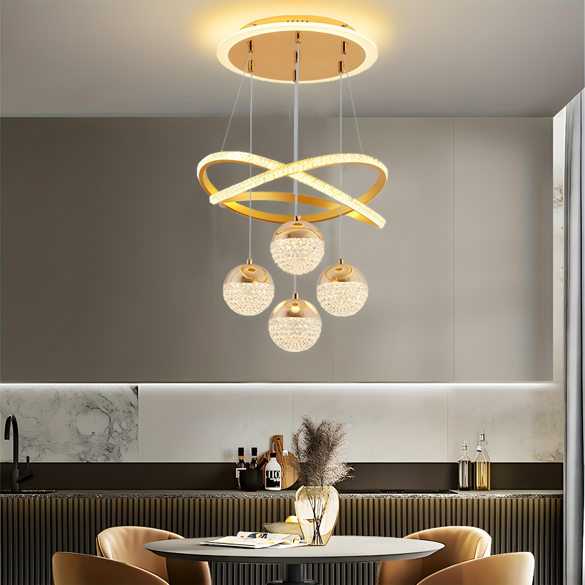 LEDANDER Lustre LED moderne, plafonnier, lampe LED, variateur tricolore, design doré à quatre sphères, convient pour la salle à manger et la chambre - 7
