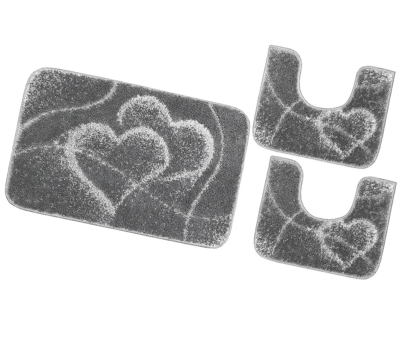 Juego de 3 alfombrillas de baño para inodoro lavabo moderna suave antideslizante absorbente color sólido corazones gris