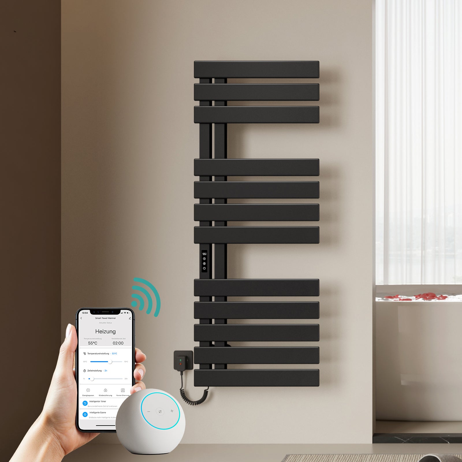 EMKE Elektryczny Grzejnik Łazienkowy Smart Otwarty z Prawej - 130x50cm, 440W, Wi-Fi, 6 Trybów, IP45, Czarny Mat