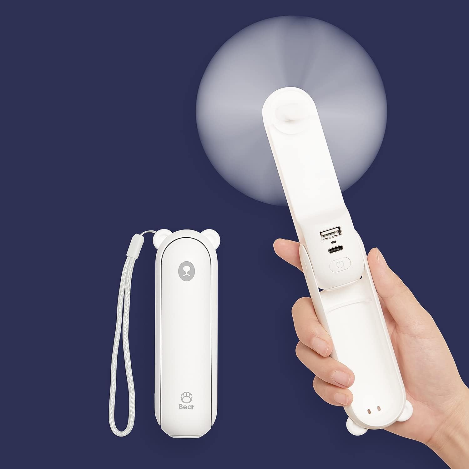 Ventilatore Portatile Con Powerbank 4500mAh, Durata Fino A 46 Ore, Pieghevole, 3 Velocità, Torcia E Cordino, Bianco