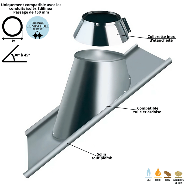 Solin plomb 30 à 45 degrés conduit double paroi isolé Edilinox - Diamètre 100 mm