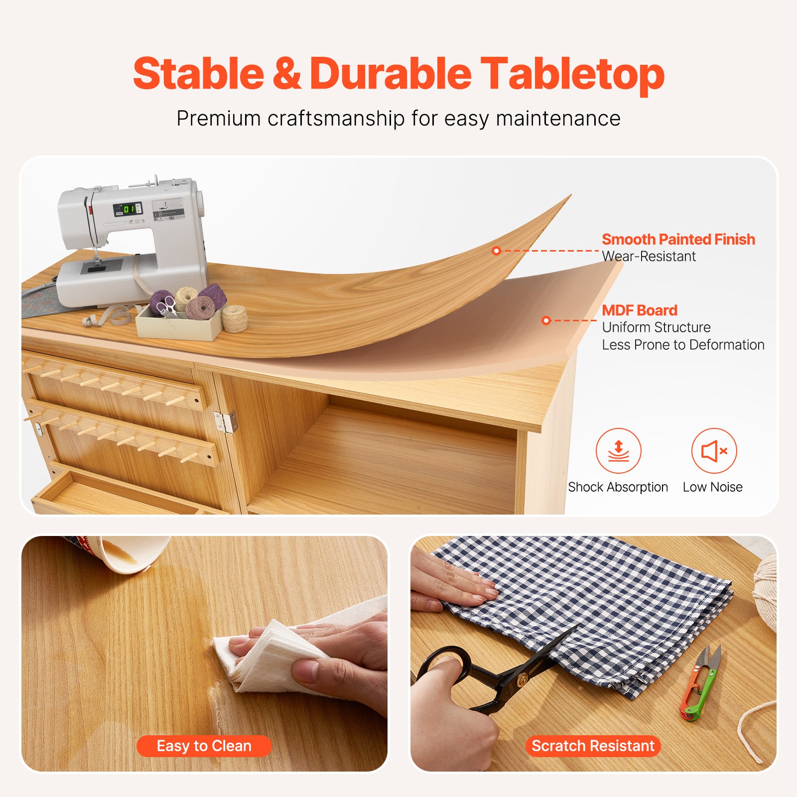 Mesa de Costura Plegable,VEVOR Multiusos para Máquina de Coser,Diseño Compacto,Ruedas,Estantes,Bandejas,Color Madera Natural - 5