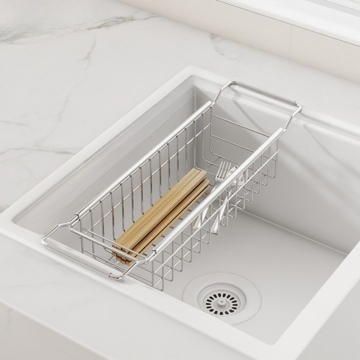 Półka do zlewu kuchennego, rozkładana, stal nierdzewna, 40×12×9 cm, ociekacz, uchwyt na naczynia i owoce/warzywa