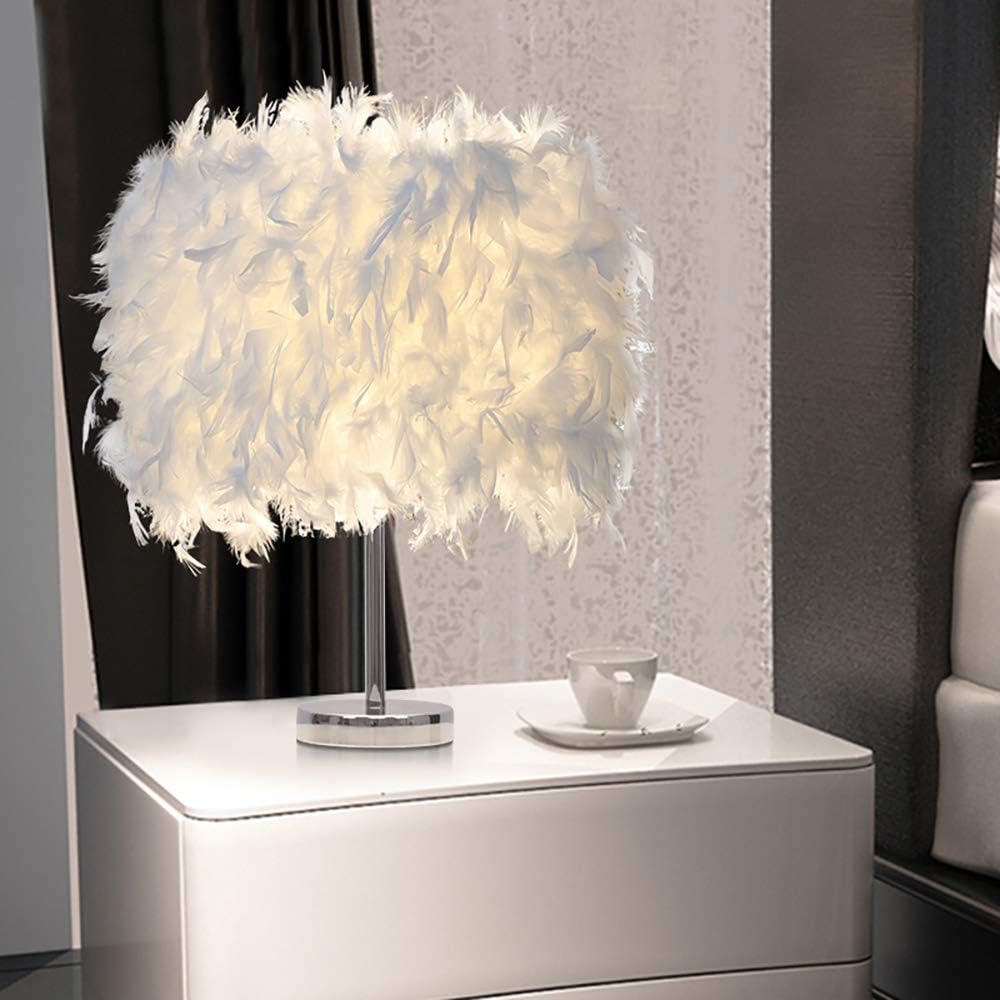 Lampa stołowa z piórami, biała lampa przy łóżku, abażur z piór, lampka nocna, biurko, kreatywny abażur, dekoracyjny - 2