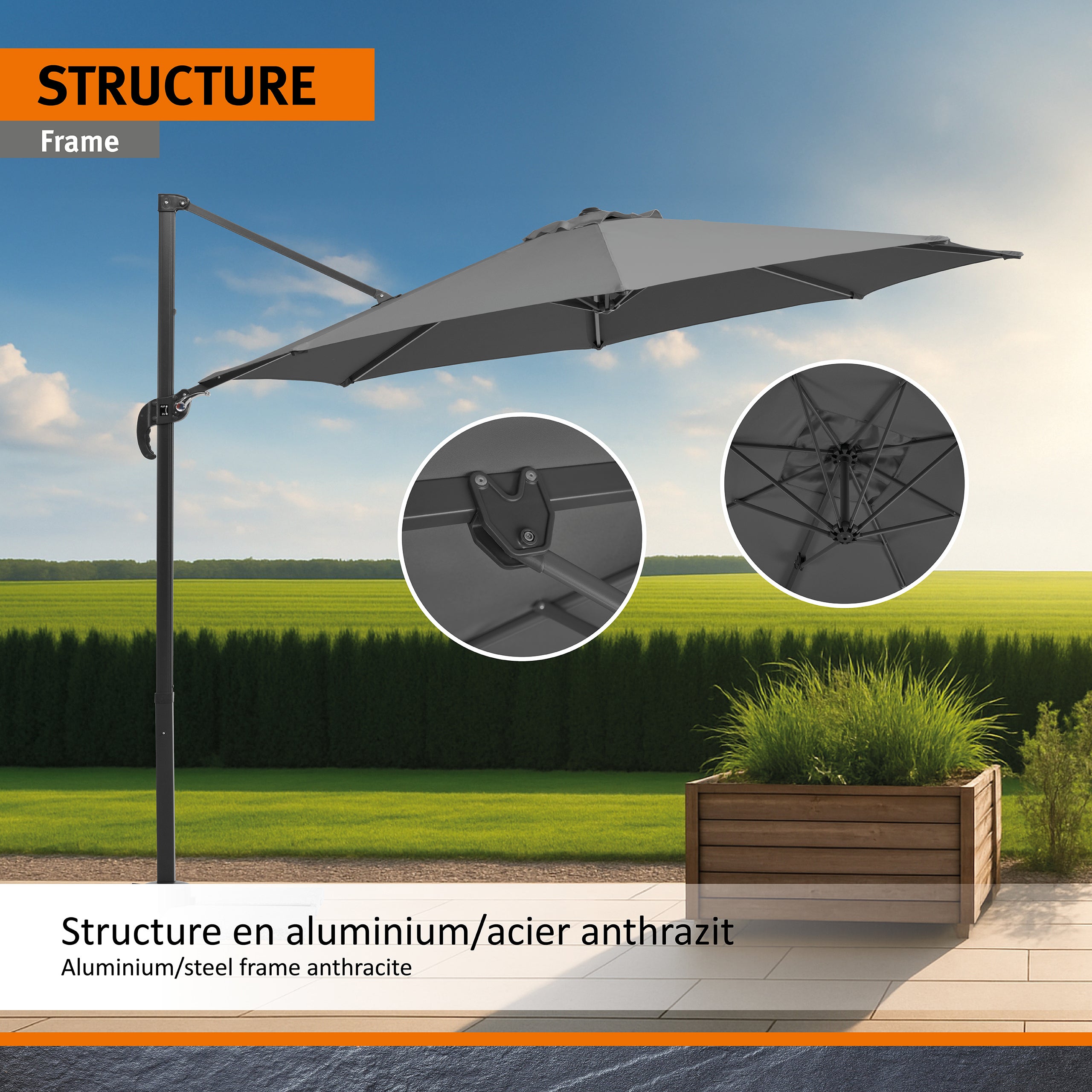 Parasol déporté Schneider Rhodos Junior anthracite, Ø 300 cm – rotatif 360°, avec housse - 3
