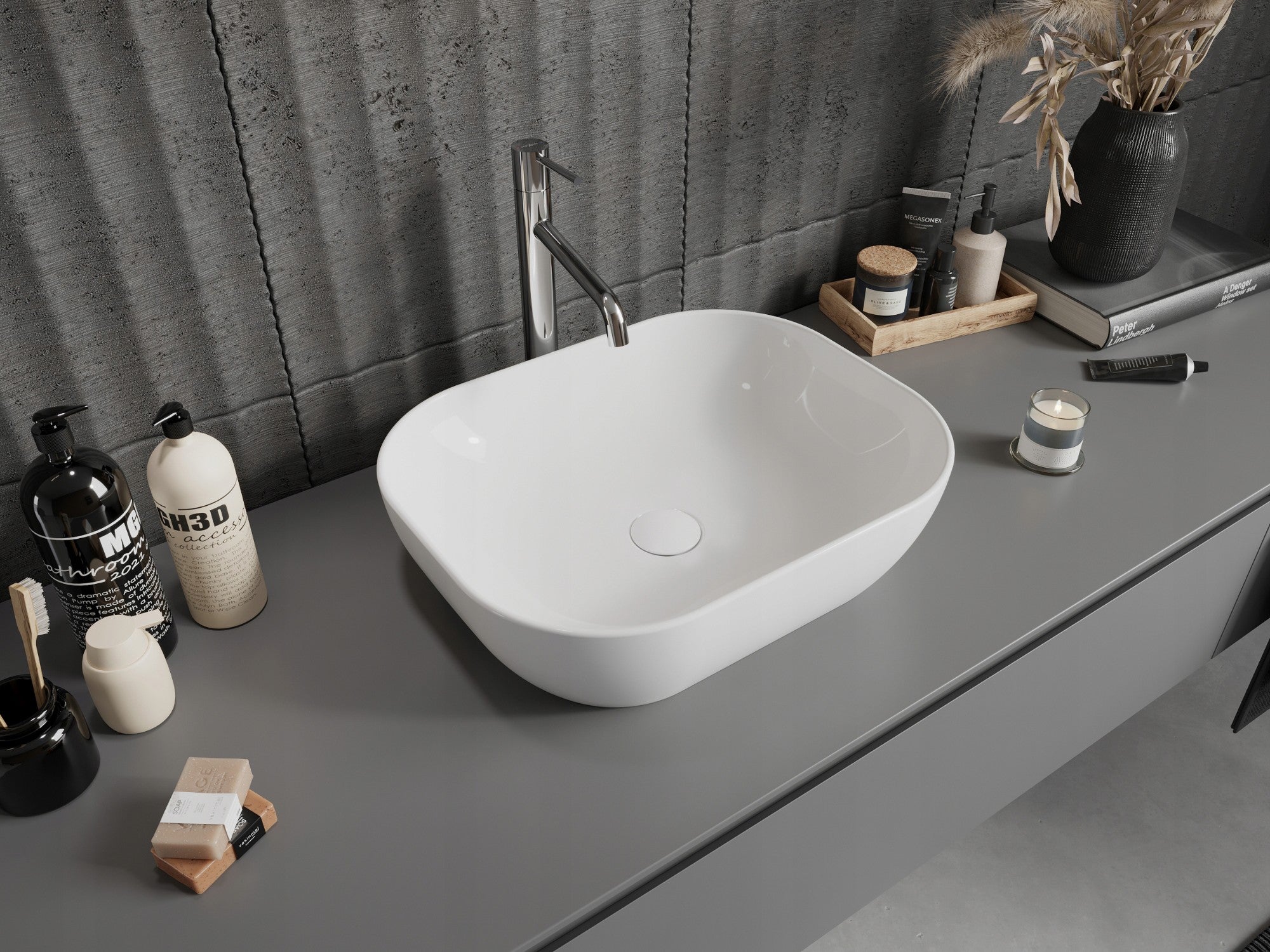 Mai & Mai Lavabo sobre Encimera 50x35x11 cm – Blanco Brillante, Cerámica, Rectangular, sin Orificio para Grifo