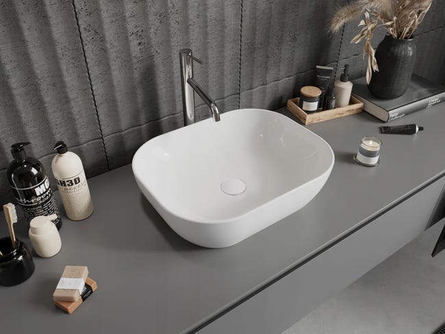 Mai & Mai Lavabo sobre Encimera 50x35x11 cm – Blanco Brillante, Cerámica, Rectangular, sin Orificio para Grifo Mai & Mai Lavabo sobre Encimera 50x35x11 cm – Blanco Brillante, Cerámica, Rectangular, sin Orificio para Grifo