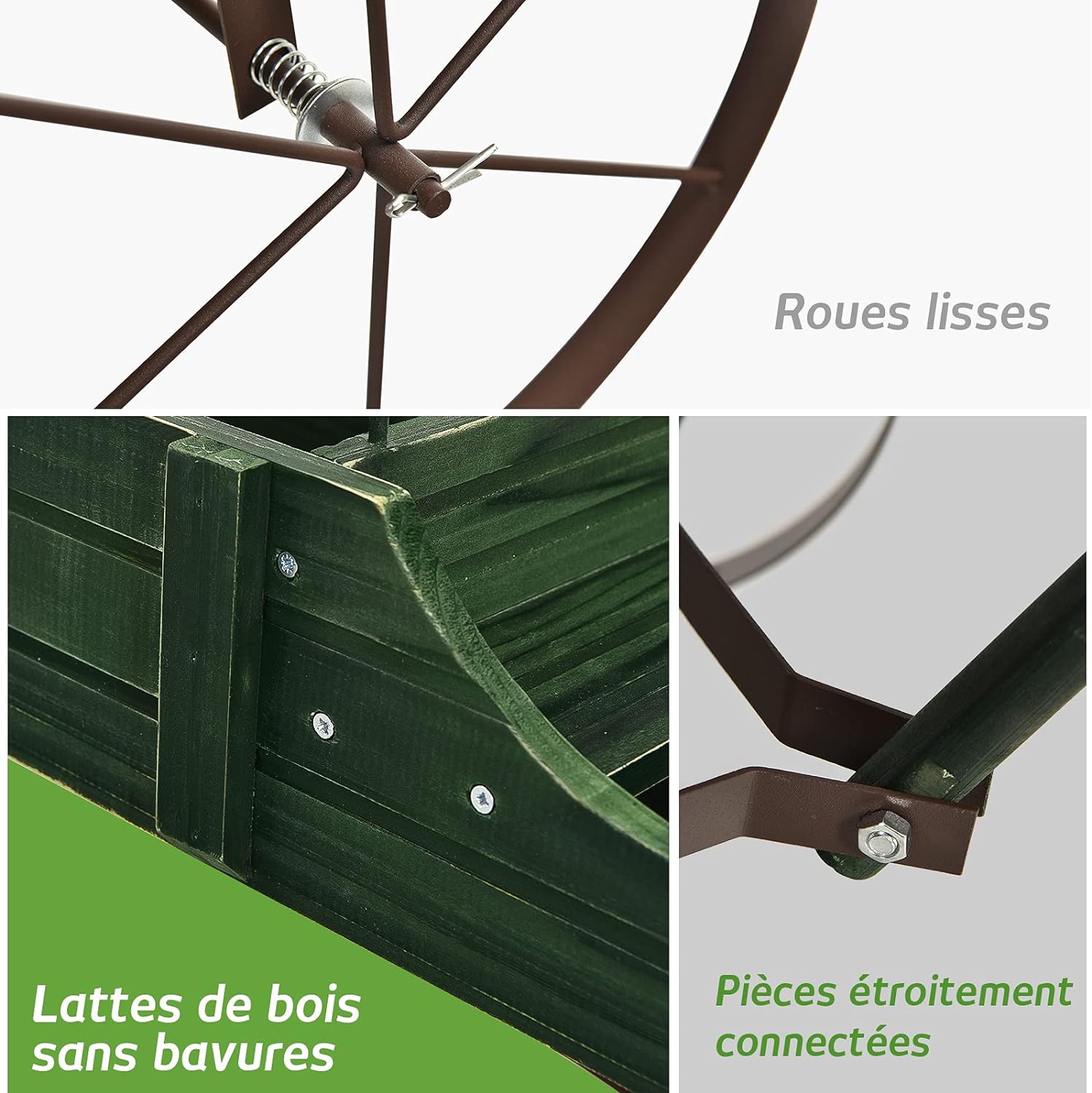 Brouette décorative en bois avec 2 compartiments à planter roues poignée charge 15kg vert - 5