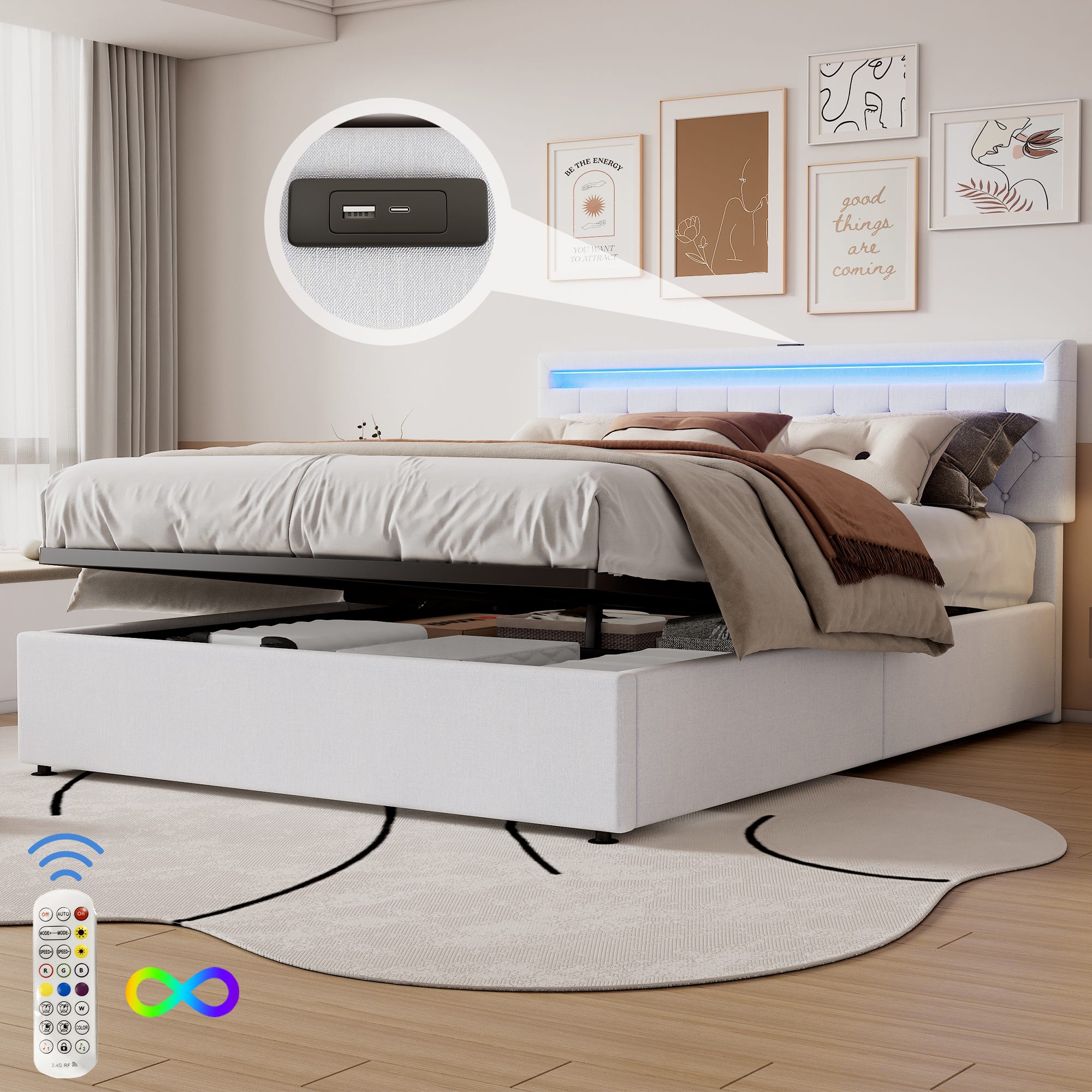 Letto Matrimoniale 180x200, LED Letto Imbottito con Spazio di Archiviazione&Funzione di Ricarica USB Type-C, Letto Contenitore Idraulico Letto multifunzione Struttura del Letto,Senza Materasso,Bianco Letto Matrimoniale 180x200, LED Letto Imbottito con Spazio di Archiviazione&Funzione di Ricarica USB Type-C, Letto Contenitore Idraulico Letto multifunzione Struttura del Letto,Senza Materasso,Bianco