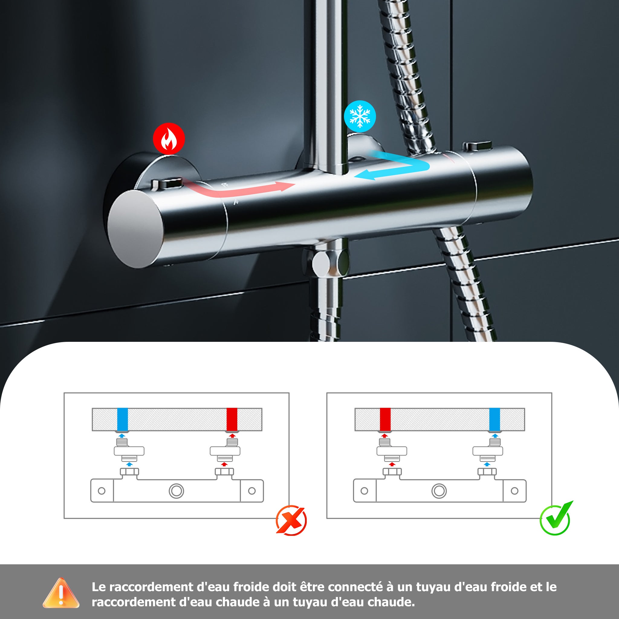 HOROW Ensemble de Douche Thermostatique, Ensemble Douche avec 5 modes, kit de douche effet pluie chromé, valve en laiton, hauteur réglable - 8